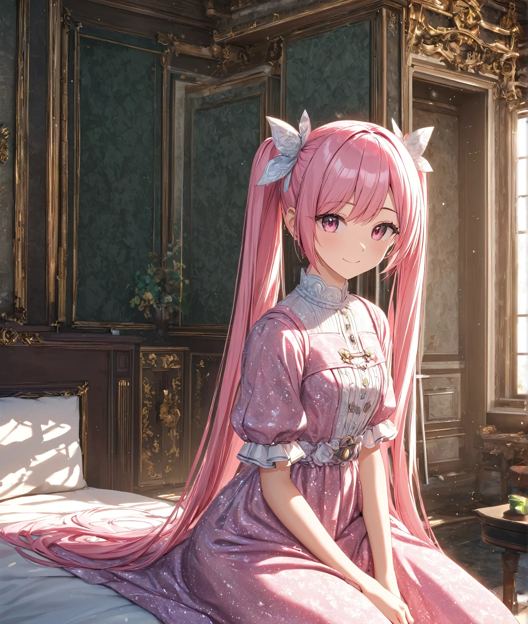 1girl, solo, Pink Shine Bright Hair, hair between eyes, Long hair, twintails, aesthetic detailed eyes, (Pink shiny Bright Eyes), bright pink eyes, looking at viewer,(pale cheeks), (skin colored cheeks), Mesmerise, Little smile, closed mouth, small breasts, (half body, cowboy shot), BREAK
(green summer dress, long dress), BREAK
(indoors, sitting on the sofa), BREAK
HDR, 8K, masterpiece, best quality, amazing quality, very aesthetic, high resolution, ultra-detailed, absurdres, newest, scenery,
masterpiece, scenery, aesthetic detailed background, best quality, game cg aesthetics, sharp focus, sharp details, beautiful detailed eyes, detailed skin, detailed hair, light particles, photo background, depth of field,
(masterpiece), best quality, ultra-detailed, 1024k UHD wallpaper, ultra-high resolution, depth of field, HDR, Ray tracing, RTX, high saturation, photon mapping, best texture quality, best compotitions, (extremely detailed CG 1024k wallpaper), High Details, Detailed face, Detailed Clothes, Ultra HD Photo, Perfect Face, expressive eyes, pale cheeks