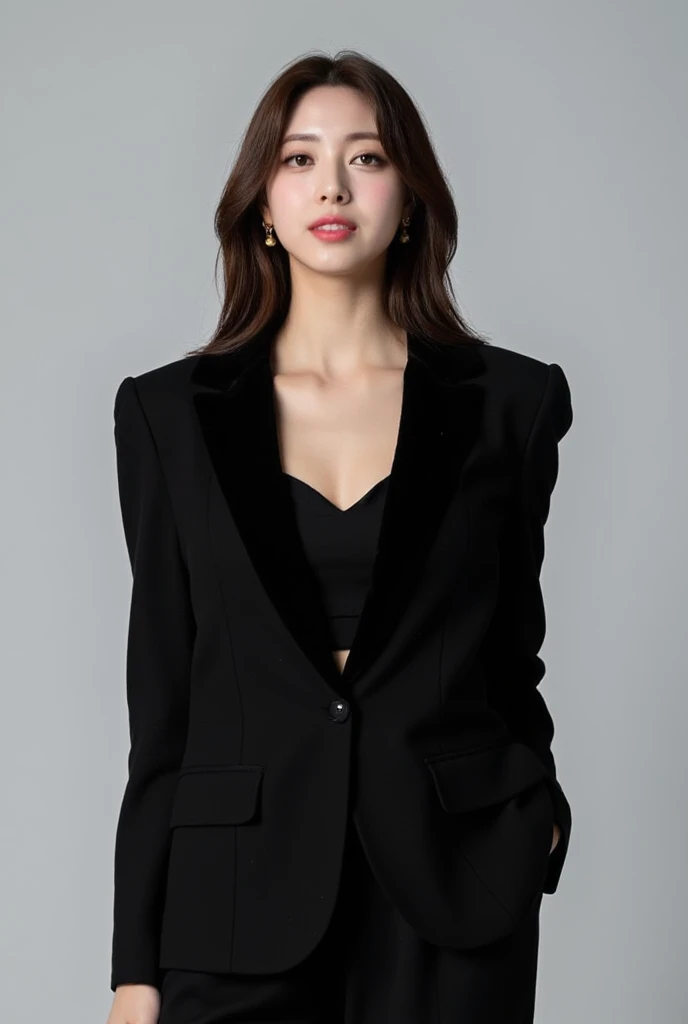 Studio portrait of a young woman, likely in her twenties, with an East Asian appearance. She is poised, presenting a confident and stylish demeanor. Long, dark brown hair cascades down her back in soft waves. She wears a sleek, sophisticated ensemble. A tailored, black velvet blazer with notched lapels and long sleeves, is paired with a fitted black velvet crop top and wide-leg velvet pants, creating a modern business professional aesthetic. The outfit exudes a sense of effortless elegance. Delicate, gold-toned, flower-shaped earrings are noticeable. Her makeup is natural, highlighting her delicate facial features. Her expression is neutral and serene, a subtle but controlled confidence radiating from her posture; she is looking directly at the camera. The background is a plain, neutral, light gray. The lighting is even, highlighting her features without harsh shadows. The overall atmosphere is modern, sophisticated, and subtly glamorous. The image style is contemporary and professional; the flat, studio lighting and meticulous pose contribute to a clean, sophisticated aesthetic. The focus is on the woman and her stylish attire, maintaining a professional, contemporary vibe. The photo features high-fashion aesthetic, reminiscent of modern editorial.