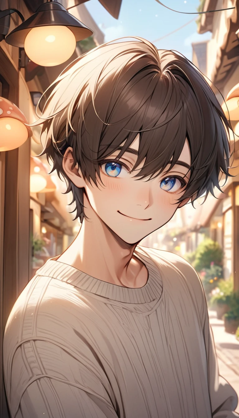 "A charming young man with a cute and soft appearance, characterized by a stylish, round mushroom haircut. His hair is dark brown, with a smooth and slightly fluffy texture. He has gentle facial features, including large, expressive eyes, a small nose, and a kind smile. The background is a warm pastel tone, emphasizing a cozy and cheerful atmosphere. The man is wearing a casual but trendy outfit, such as a light sweater and a pair of jeans, exuding a relaxed and approachable vibe."

Size: 1024x1024

