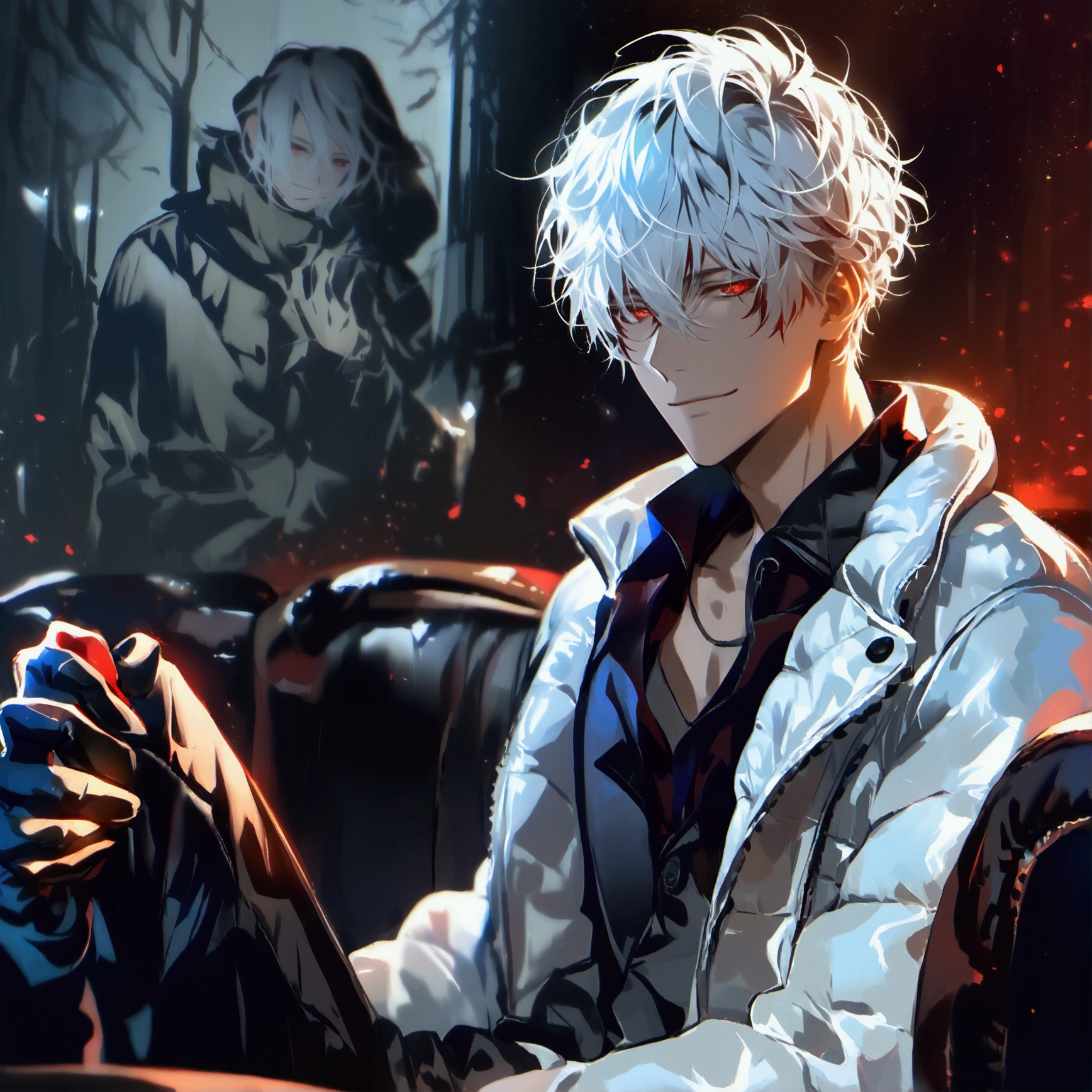 (solo), (1 male), (1 man), (chibi),handsome men, (one man with white hair with dark red inner hair color, red eyes), short hair, messy hair,smile,((masterpiece)), (dark background: 1.3), (stylish), down jacket ,dynamic angle, (detailed face, detailed eyes, proportional hands, proportional anatomy), sitting in a relaxed pose, sinister atmosphere,young