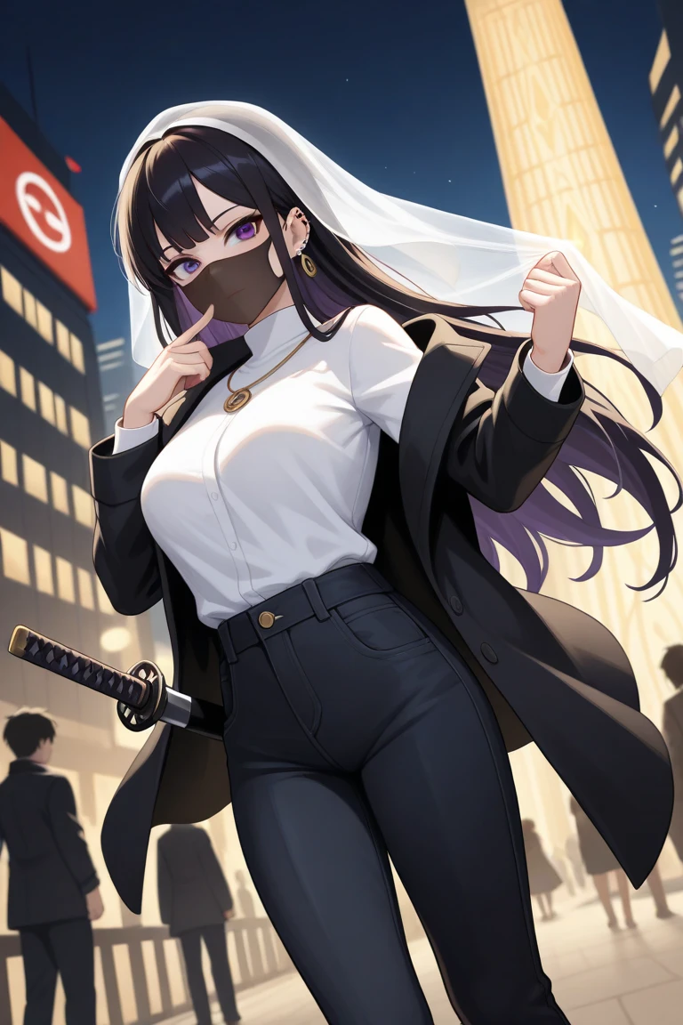 A young man stands atop the city's tallest tower, the wind whipping around him as if nature itself acknowledges his presence. He is clad in a sleek black coat over a crisp white shirt, paired with striking black jeans. A ninja mask's casting a shadow over his face, but a hint of dark purple eyes glimmers through the veil of his messy black hair. His piercing gaze locks onto the viewer, exuding both mystery and intensity. Slowly, he removes a mask with deliberate grace, revealing his hidden visage. In one hand, he firmly grips a katana, its blade reflecting the faint glow of the city lights below, a symbol of his resolve and hidden power.