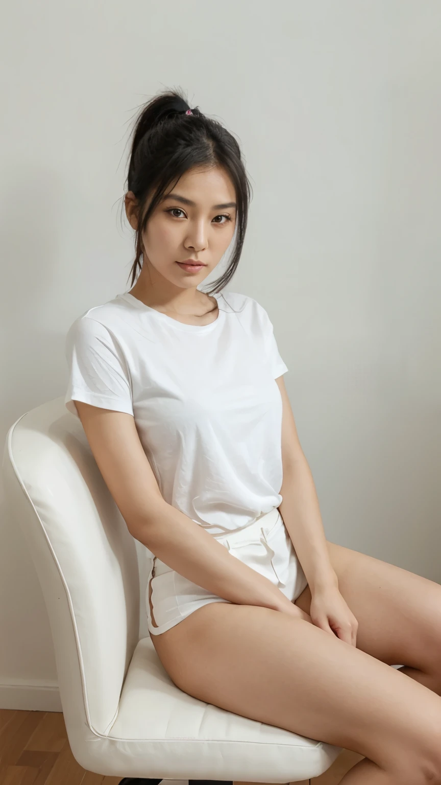 Young beautiful sweet Indonesian girl, 22 years old, slim body, slim thigh, short wavy hairs, wearing white office long sleeve buttoned thin dress, wearing knee long white skirt, wearing white lacy transparent underwear, siting confidence crossing her legs on a chair in waiting room, serious face, she is waiting for the interview at the office, realistic, very detail, normal fingers shape, no cartoon,