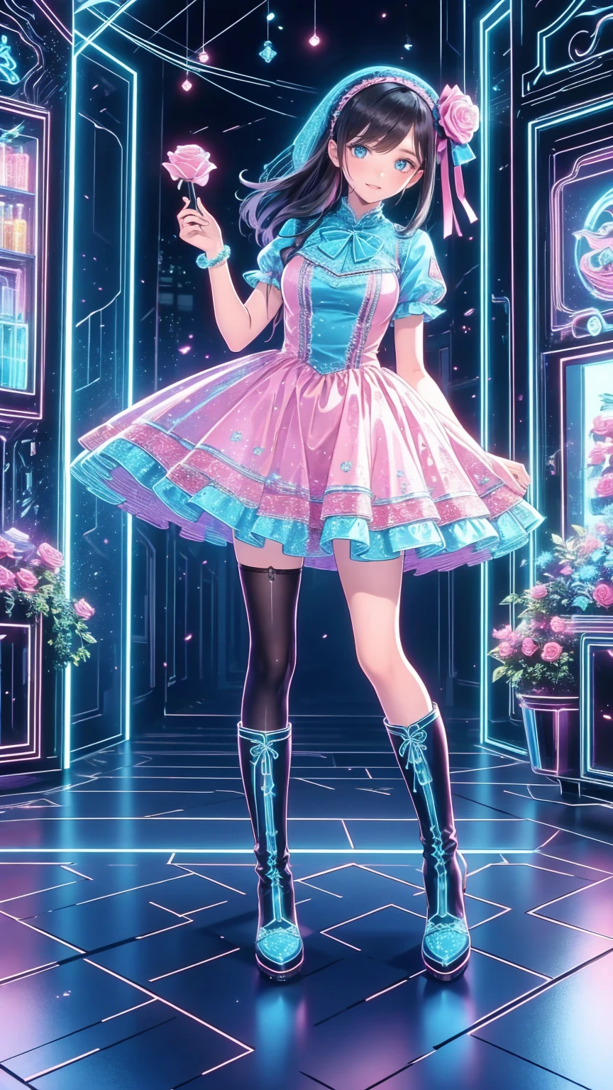 ( masterpiece : 1.2), (     very detailed: 1.2), (     very detailed CG: 1.2), (     high image quality: 1.2), (最     high image quality), 8k,     animated illustration    , 、      beautiful girls 、とても   cute天使、     pink gothic dress 、   cute、*********、smile、     long skirt、    Black Long Boots    、  grey pink pants  ，Turquoise Eye，   cute女性 *****，street，    Candy Store    ， sign，European Buildings，slate paved ，Rose flower，
