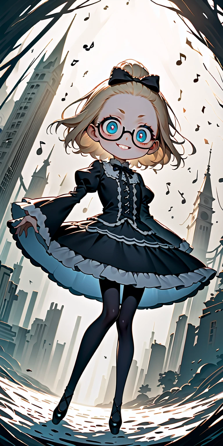 solo,1girl\(skinny,flat chest, short height,(shiny forehead),short (Slicked back hair:1.3),Beautiful (blonde:1.3) hair,horn, (shiny blue eyes),detailed pupils,(black glasses\(brand\(nodoka\),square shape glasses\):1.3), (blue eyeshadow), thin eyebrows, thick black eyeliner, shiny eyes, long eyelash, cute, (upturned eyes:1.3), (short gothic-lolita dress\((very tight:1.2),(many ribbon) \):1.5), (evil smile:1.2), (dancing in sky),music notes, (flying in air:1.3),(body floating in air:1.3), full body, dynamic pose\). BREAK .background\(((skull shaped:1.2) moon),(white ice fairy:1.3), (snow falling:1.5)\),(cityscape:1.3),(dynamic angle:1.4),from below. BREAK .quality\(8k,wallpaper of extremely detailed CG unit, high resolution, top-quality, top-quality real texture skin, hyper realistic, increase the resolution, RAW photos, best quality, highly detailed, the wallpaper, golden ratio, high saturation realism, vibrant colors, dramatic lighting, persuasive storytelling, atmospheric scenery, captivating visuals, intricate details, strong emotions, dreamlike world\)