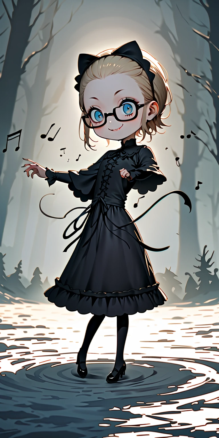 solo,1girl\(skinny,flat chest, short height,(shiny forehead),short (Slicked back hair:1.3),Beautiful (blonde:1.3) hair,(blue eyes),detailed pupils,(black glasses\(nodoka, thick frame, square glasses\):1.3), (blue eyeshadow), thin eyebrows, thick black eyeliner, shiny eyes, long eyelash, cute, (upturned eyes:1.3), (short gothic-lolita dress\((tight:1.2),many ribbon \):1.5), (evil smile:1.2), (dancing),music notes, (flying in air:1.4),(body floating in air:1.3), full body, dynamic pose\). BREAK .background\((skull moon),(white ice fairy:1.3), (snow dropping:1.5)\),(cityscape:1.3),(dynamic angle:1.4),from below. BREAK .quality\(8k,wallpaper of extremely detailed CG unit, high resolution, top-quality, top-quality real texture skin, hyper realistic, increase the resolution, RAW photos, best quality, highly detailed, the wallpaper, golden ratio, high saturation realism, vibrant colors, dramatic lighting, persuasive storytelling, atmospheric scenery, captivating visuals, intricate details, strong emotions, dreamlike world\),longshot, wide-shot