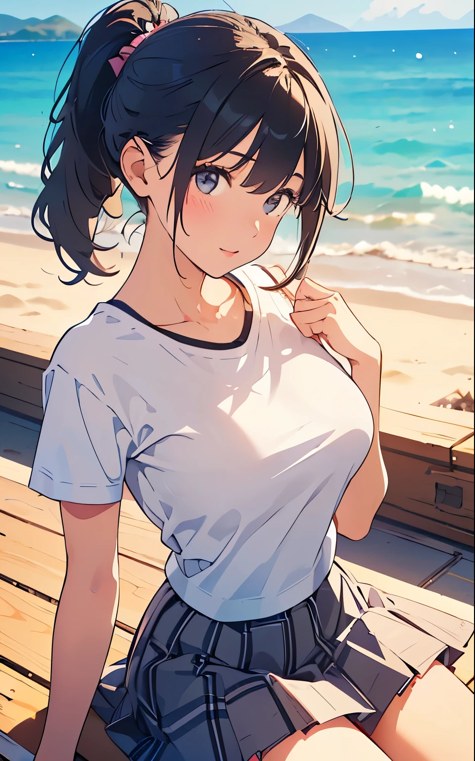 nsfw,masterpiece, top quality ,  super high res,( beautiful woman:1.2), Cute.. cute face, ( Upturned Breasts, Beautiful big :1.5),( happy :1.2),(enjoy:1.2), ( black hair:1), ( Short Low Ponytail:1.2),  medium hair,Sexy mole on the mouth, has wet lips, ( springs up:1.4), ( Please Squint :1.4),School gym clothes,(Plain T-shirt:1.8、Thin fabric:1.5),( wearing white crew neck t-shirt:1.2),  plaid grey pleated skirt wearing a white crew neck t-shirt , classroom,  amazing on the beach,Realistic Background,