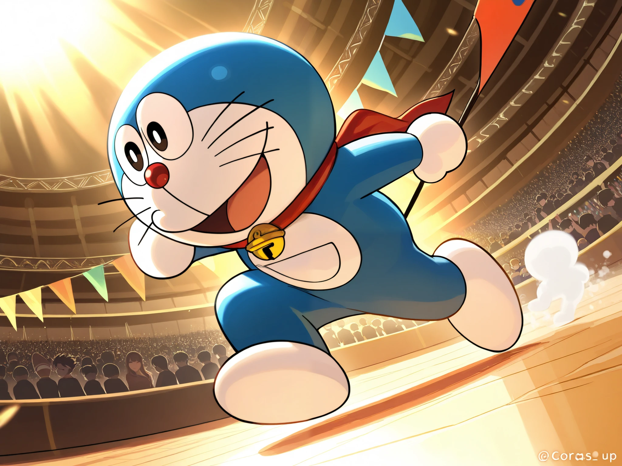 In a grand Roman colosseum illuminated by the golden hues of a setting sun, Doraemon and Tetsuwan Atom stand face-to-face at the center of the arena, poised for battle. Doraemon, clad in sturdy leather gladiator armor, grips a shining gladius with determination. Opposite him, Tetsuwan Atom, adorned in sleek metallic armor glowing with futuristic blue lines, holds a plasma sword that hums with power. The two warriors lock eyes, their stances firm as tension fills the air in the brief silence before the battle begins. Around them, a roaring crowd cheers with anticipation, waving flags and tossing flowers onto the dusty arena floor. Swirling dust catches the sunlight, creating a dramatic atmosphere as long shadows stretch across the ground. The scene captures every detail with hyper-realistic textures, dynamic lighting, and cinematic composition, presented in stunning 8k resolution for a truly breathtaking masterpiece.
