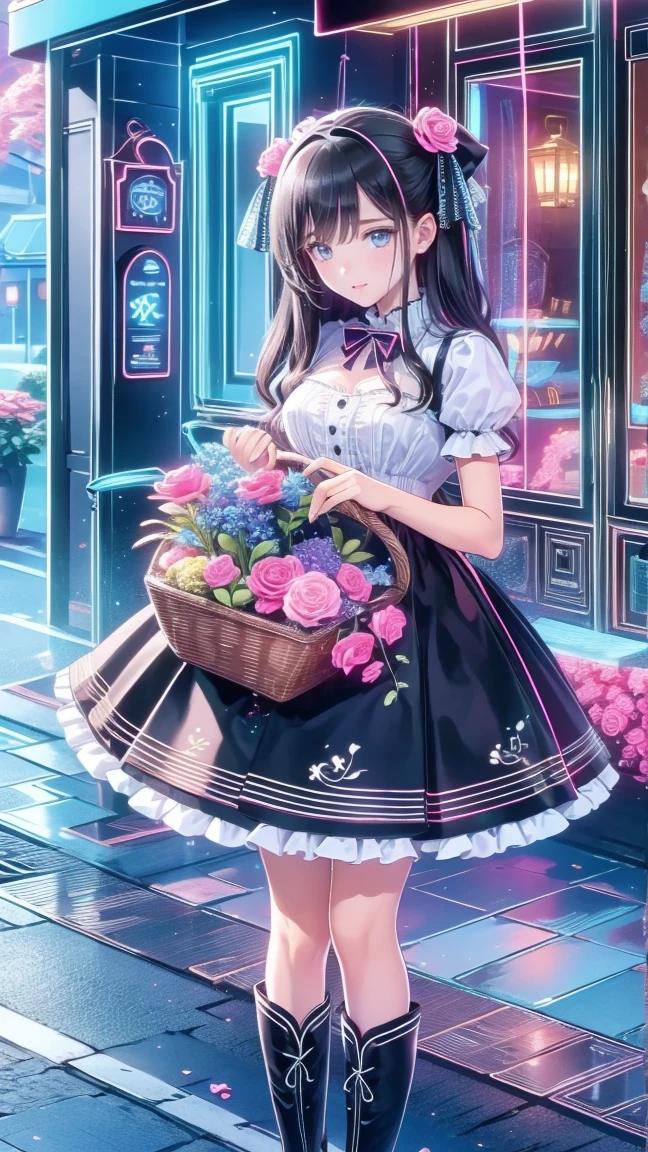 ( masterpiece : 1.2), (     very detailed: 1.2), (     very detailed CG: 1.2), (     high image quality: 1.2), (最     high image quality), 8k,     animated illustration    , 、      beautiful girls 、とても   cute天使、     pink gothic dress 、   cute、*********、smile、     long skirt、    Black Long Boots    、  grey pink pants  ，Turquoise Eye，   cute女性 *****，street，    Candy Store    ， sign，European Buildings，slate paved ，Rose flower，
