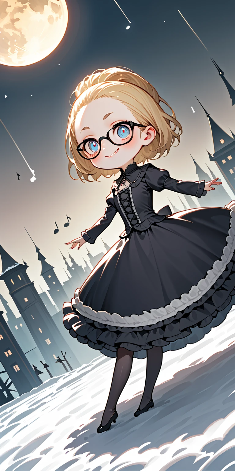 solo,1girl\(skinny,flat chest, short height,(shiny forehead),short (Slicked back hair:1.3),Beautiful (blonde:1.3) hair,(blue eyes),detailed pupils,(black glasses\(nodoka, thick frame, square glasses\):1.3), (blue eyeshadow), thin eyebrows, thick black eyeliner, shiny eyes, long eyelash, cute, (upturned eyes:1.3), (short gothic-lolita dress\((tight:1.2),many ribbon \):1.5), (evil smile:1.2), (dancing),music notes, (flying in air:1.4),(body floating in air:1.3), full body, dynamic pose\). BREAK .background\((skull moon),(white ice fairy:1.3), (snow dropping:1.5)\),(cityscape:1.3),(dynamic angle:1.4),from below. BREAK .quality\(8k,wallpaper of extremely detailed CG unit, high resolution, top-quality, top-quality real texture skin, hyper realistic, increase the resolution, RAW photos, best quality, highly detailed, the wallpaper, golden ratio, high saturation realism, vibrant colors, dramatic lighting, persuasive storytelling, atmospheric scenery, captivating visuals, intricate details, strong emotions, dreamlike world\),longshot,wide-shot,fisheye-lens