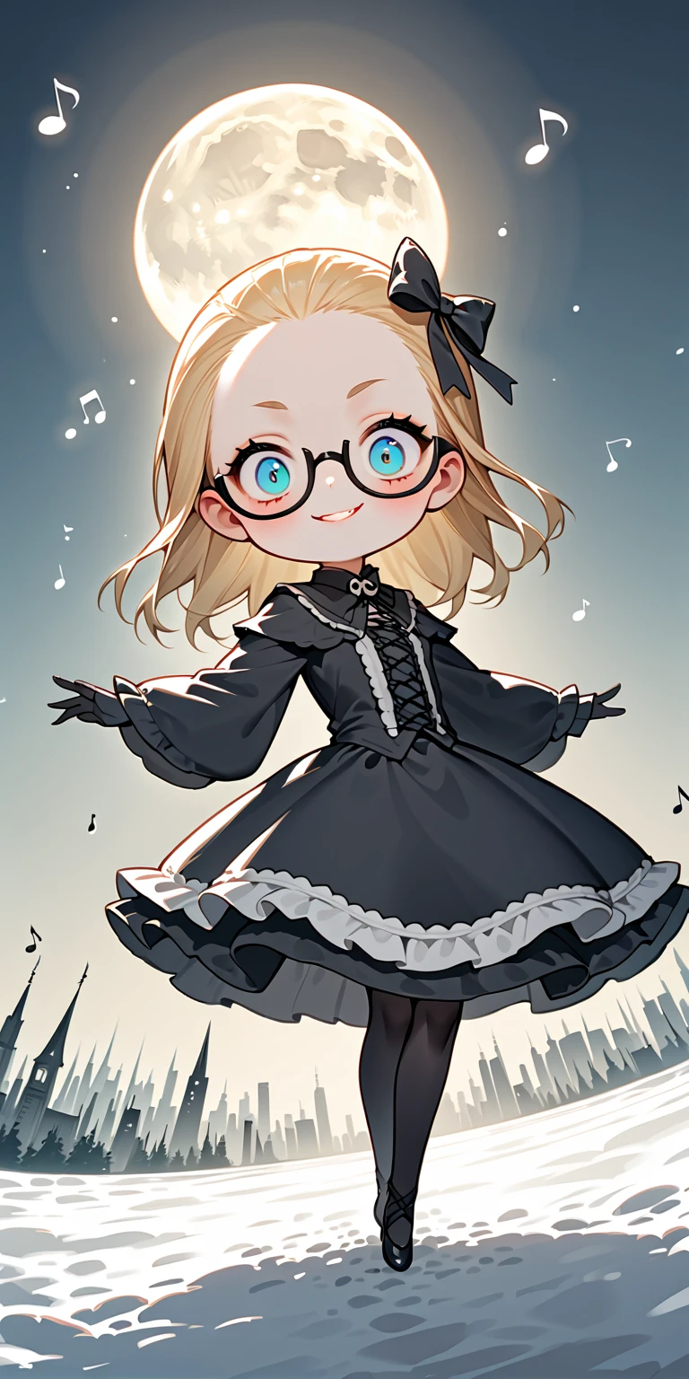 solo,1girl\(skinny,flat chest, short height,(shiny forehead),short (Slicked back hair:1.3),Beautiful (blonde:1.3) hair,(blue eyes),detailed pupils,(black glasses\(nodoka, thick frame, square glasses\):1.3), (blue eyeshadow), thin eyebrows, thick black eyeliner, shiny eyes, long eyelash, cute, (upturned eyes:1.3), (short gothic-lolita dress\((tight:1.2),many ribbon \):1.5), (evil smile:1.2), (dancing),music notes, (flying in air:1.4),(body floating in air:1.3), full body, dynamic pose\). BREAK .background\((skull moon),(white ice fairy:1.3), (snow dropping:1.5)\),(cityscape:1.3),(dynamic angle:1.4),from below. BREAK .quality\(8k,wallpaper of extremely detailed CG unit, high resolution, top-quality, top-quality real texture skin, hyper realistic, increase the resolution, RAW photos, best quality, highly detailed, the wallpaper, golden ratio, high saturation realism, vibrant colors, dramatic lighting, persuasive storytelling, atmospheric scenery, captivating visuals, intricate details, strong emotions, dreamlike world\),longshot,wide-shot,fisheye-lens