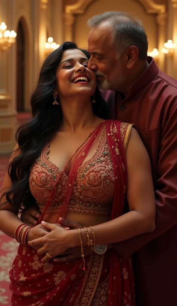 A radiant South Indian 55 year old sky white colour transparent saree wearing plus sized aunty, with her curvaceous figure , hugging and kissing on the lips of a jubilant two 20 year old  joyous embrace in a bedroom, captured in a full body image with vibrant colors and intricate details. Full body image 