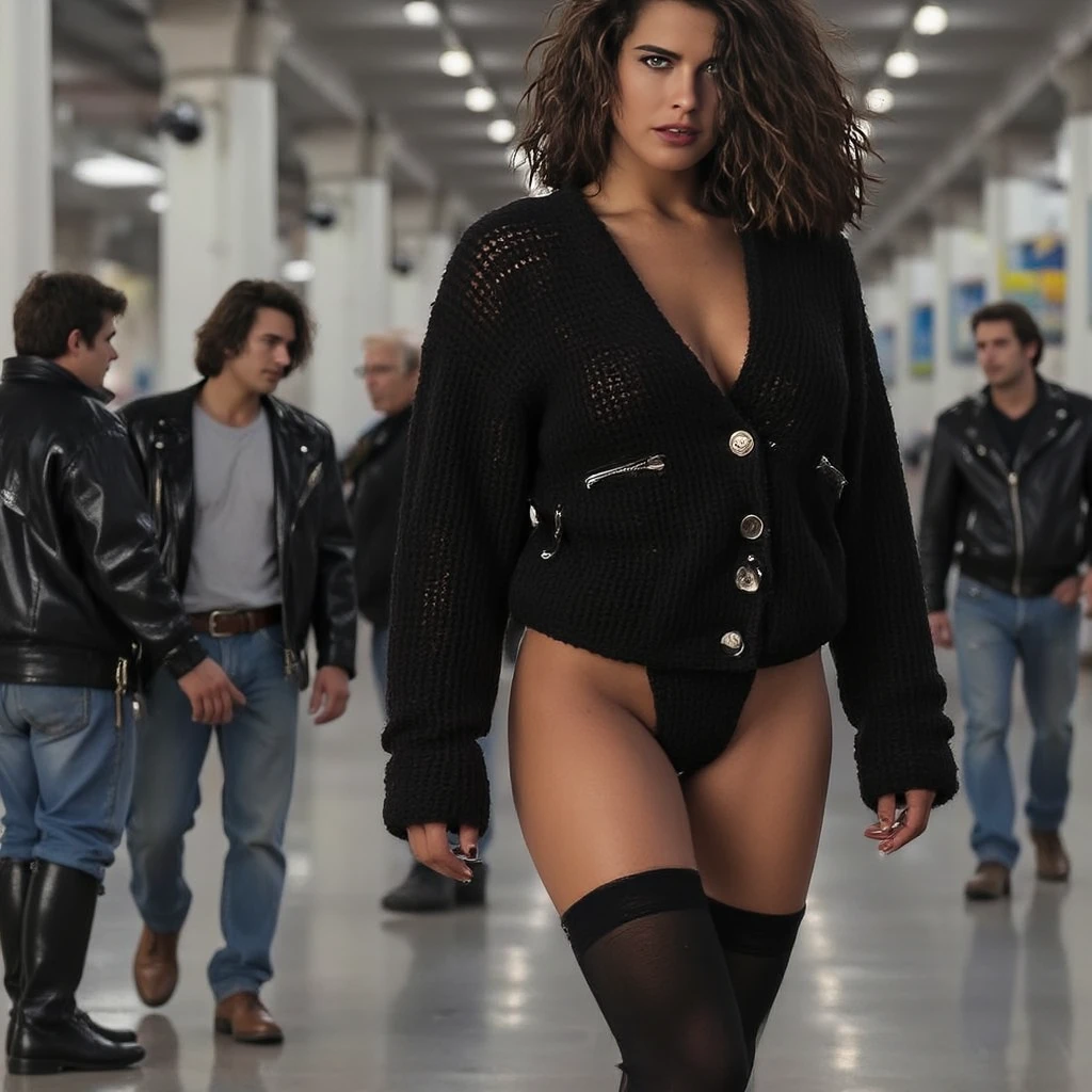 a gorgeous Italian woman with long hair, wearing a warm long sleeve black long crocheted wool cardigan with big buttons and black Extra Long Thigh High Socks is walking in a bus station in Italy while men are looking at her, carnal desire, temptation, photorealistic, 1girl, high quality, detailed features, photo-realistic, realistic, 4k, 8k, highres, indirect gaze, Nikon D850A, cinematic photo, 8k, 85mm medium format photo beautiful hyperrealism hyperdetailed, full body shot