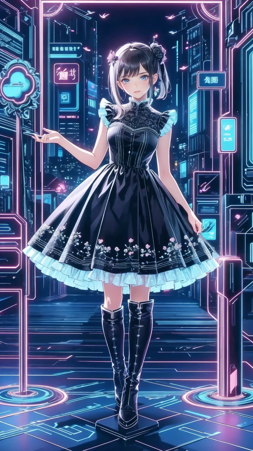 ( masterpiece : 1.2), (     very detailed: 1.2), (     very detailed CG: 1.2), (     high image quality: 1.2), (最     high image quality), 8k,     animated illustration    , 、      beautiful girls 、とても   cute天使、     pink gothic dress 、   cute、*********、smile、     long skirt、    Black Long Boots    、  grey pink pants  ，Turquoise Eye，   cute女性 *****，street，    Candy Store    ， sign，European Buildings，slate paved ，Rose flower，
