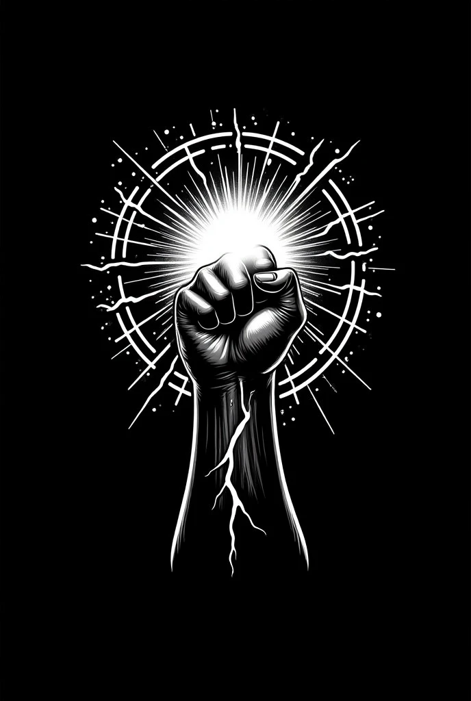 logo design, single black hand, tense fist, powering up, bright intense glow completely enclosing the fist, glow dissipates gradually up the arm to the elbow, hand facing upwards, dynamic pose, small cosmic particles orbiting the fist, electric veins on the arm, monochromatic, clean lines, simple background, high contrast, minimalist vector illustration, professional design