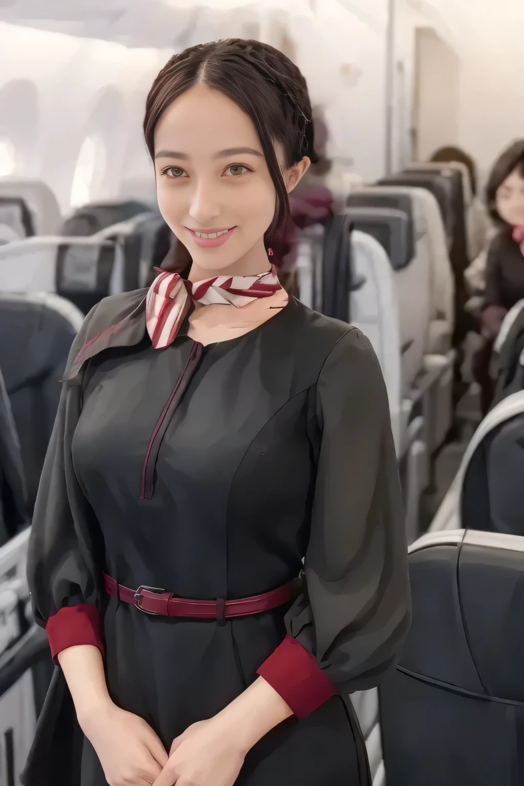 (masterpiece:1.2, top quality :1.2), 32kHDR, high definition , (Alone、 1 girl)、( on board)、In-flight background、( wearing a JAL flightattendant uniform )、(( short sleeve jumper skirt in a JAL flightattendant uniform {x} JAL flightattendant uniform 、Red belt wrapped around the waist 、 Scarf around the neck ))、 dark brown hair 、( Super Long Hair Wrap Hair、Braid Wrap Up Hair )、 、 long hit 、Big Breasts、Thin legs、(( amazing hands:2.0)),(( harmonious body proportions :1.5)),((Normal limbs:2.0)),((Usually :2.0)),(( Delicate eyes:2.0)),((Normal eyes:2.0)))、smile、( beautiful standing figure wearing a JAL flightattendant uniform )、Hands folded under the body