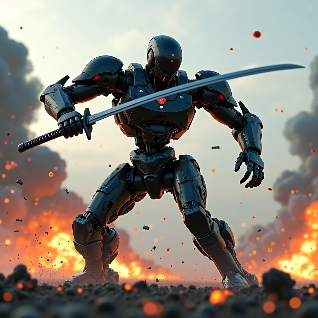  A black robot composed of ultra-high definition parts holds a Japanese sword、Metallic black body 、 backlit、 depth of field 、battlefield、Exploding Background、inflammation、sparks、 particle of light、Air Combat、 Fierce Action 