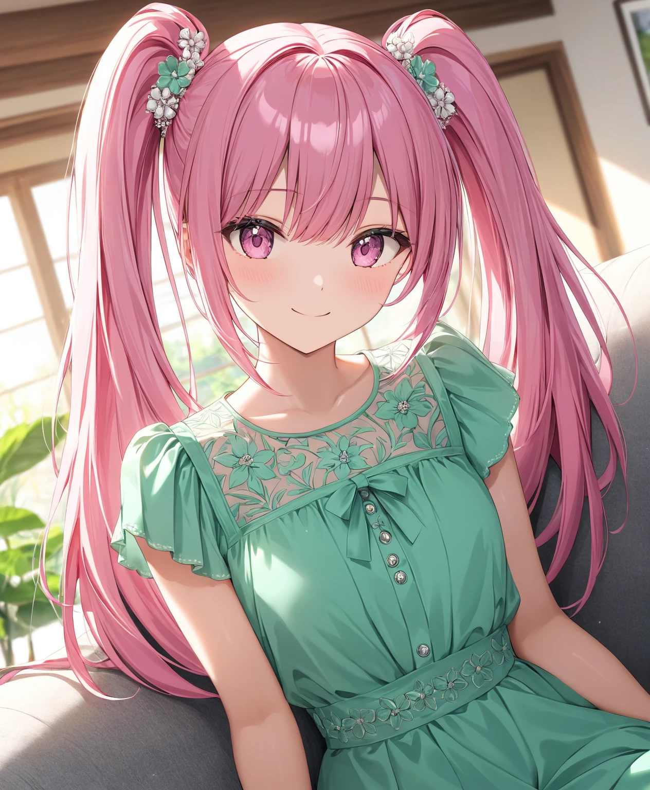 1girl, solo, Pink Shine Bright Hair, hair between eyes, Long hair, twintails, aesthetic detailed eyes, (Pink shiny Bright Eyes), bright pink eyes, looking at viewer,(pale cheeks), (skin colored cheeks), Mesmerise, Little smile, closed mouth, (half body, cowboy shot),  BREAK
(green summer dress, long dress), BREAK
(indoors, sitting on the sofa), BREAK
HDR, 8K, masterpiece, best quality, amazing quality, very aesthetic, high resolution, ultra-detailed, absurdres, newest, scenery, 
masterpiece, scenery, aesthetic detailed background, best quality, game cg aesthetics, sharp focus, sharp details, beautiful detailed eyes, detailed skin, detailed hair, light particles,  photo background, depth of field, 
(masterpiece), best quality, ultra-detailed, 1024k UHD wallpaper, ultra-high resolution, depth of field, HDR, Ray tracing, RTX, high saturation, photon mapping, best texture quality, best compotitions, (extremely detailed CG 1024k wallpaper), High Details, Detailed face, Detailed Clothes, Ultra HD Photo, Perfect Face, expressive eyes, pale cheeks