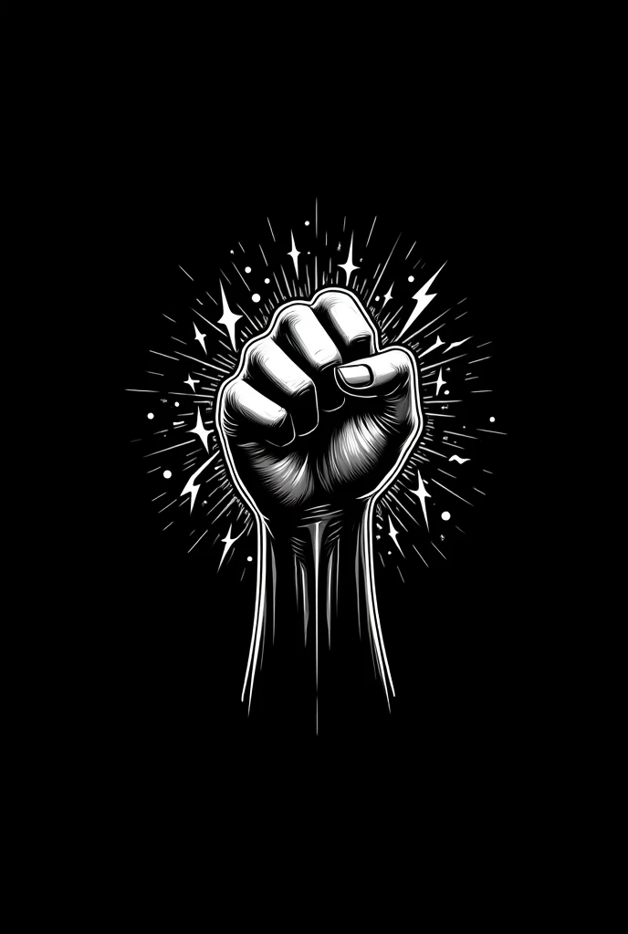 logo design, single black hand, open tense fist, powering up, white fist, glow dissipates gradually up the arm to the elbow, hand facing upwards, dynamic pose, small cosmic particles orbiting the fist, electric veins on the arm, monochromatic, clean lines, simple background, high contrast, minimalist vector illustration, professional design