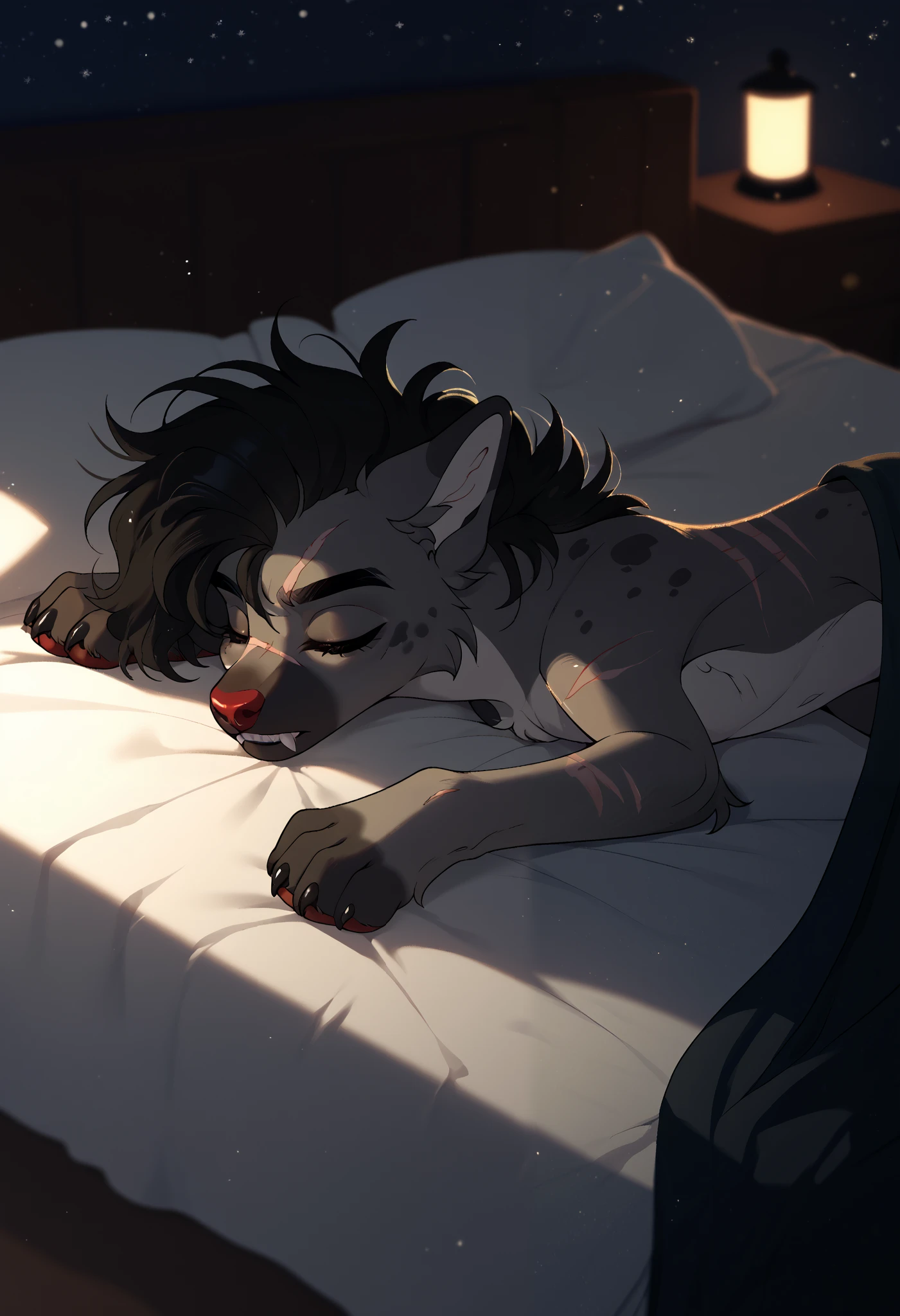 Bedroom, laying in bed, on stomach, night time, night time, scars. shirtless, wearing black boxer breifs, sleeping, skinny, furry Poocheyena, grey fur, Poochyena is a quadrupedal Pokémon similar in appearance to hyenas and canines. Its body is primarily gray with a black face and throat, paws, and belly. Its eyes are red with yellow sclerae, and it has a red nose. Its lower jaw has two pointed teeth sticking out. The fur at the base of its tail is rumpled and shaggy.