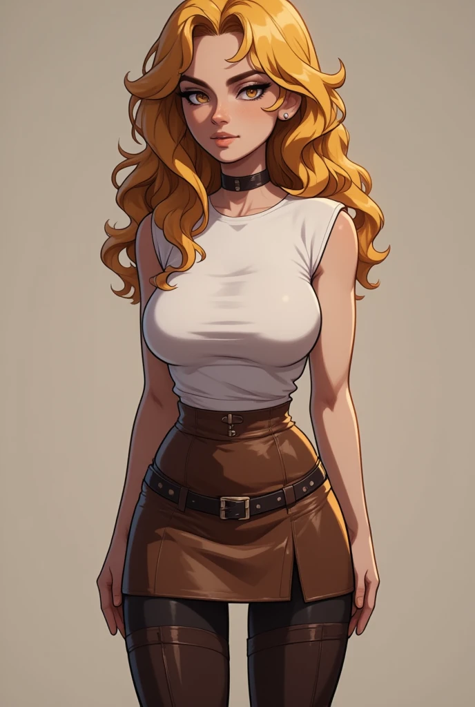 Slim and tall woman, wearing a white body-hugging blouse, short brown leather skirt, black tights and tight knee-high brown leather boots, her hair is long down to her ass, a little straight and wet and fluffy, her hair is a modern yellow color dyed between brown and black, she has big round eyes with a subtle smile.