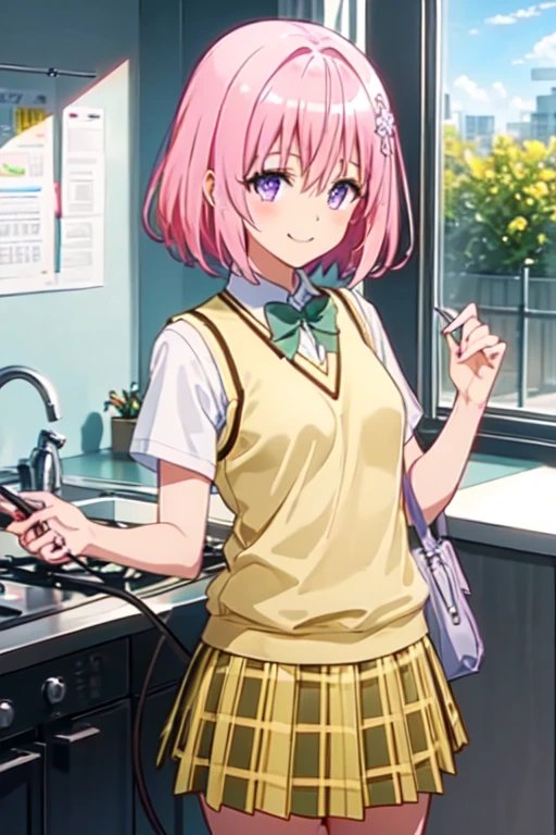 (best quality:1.1), (masterpiece:1.4), (absurdres:1.0), portrait, close up,
1girl, momo velia deviluke, hair ornament, bob cut, short hair pink hair, purple eyes, medium breasts, yellow school uniform, looking at viewer, classroom, (blush:1.2), smile,