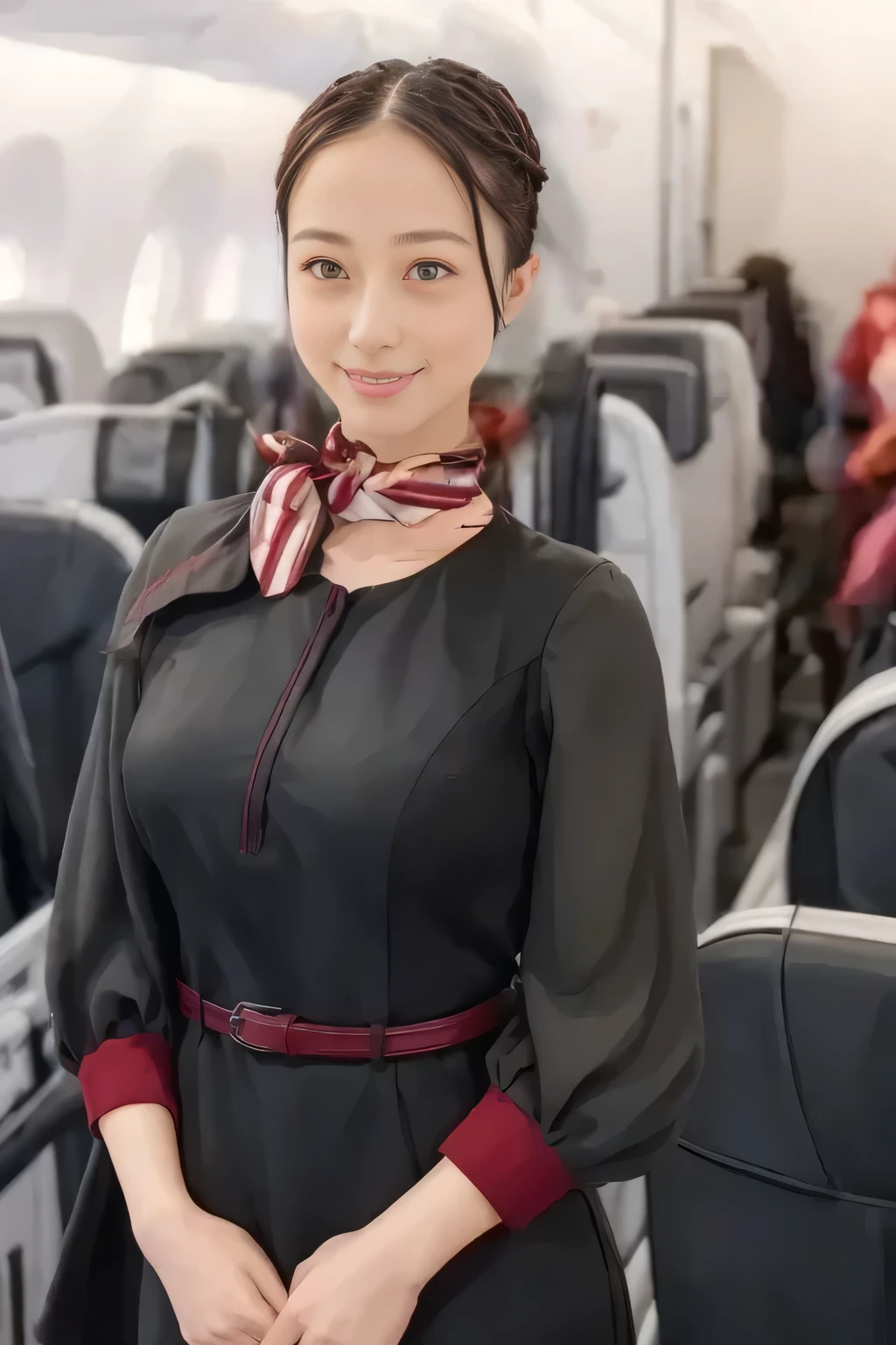 (masterpiece:1.2,  top quality :1.2), 32kHDR,  high definition  , (Alone、  1 girl)、（ on board）、In-flight background、（  wearing a JAL flightattendant uniform  ）、（（ short sleeve jumper skirt in a JAL flightattendant uniform {x} JAL flightattendant uniform 、Red belt wrapped around the waist  、 Scarf around the neck ））、  dark brown hair  、（  Super Long Hair Wrap Hair、Braid Wrap Up Hair ）、 、 long hit 、Big Breasts、Thin legs、（（ amazing hands：2.0）），（（ harmonious body proportions ：1.5）），（（Normal limbs：2.0）），（（Usually ：2.0）），（（ Delicate eyes：2.0）），（（Normal eyes：2.0））)、（ beautiful standing figure wearing a JAL flightattendant uniform  ）、Hands folded under the body 、 being crucified