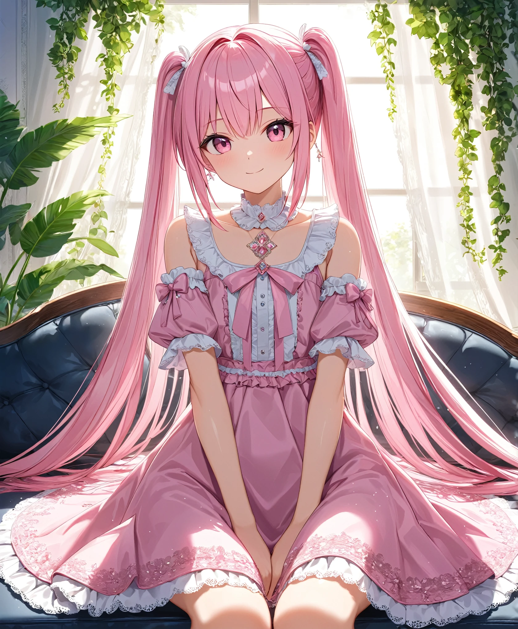 1girl, solo, Pink Shine Bright Hair, hair between eyes, Long hair, twintails, aesthetic detailed eyes, (Pink shiny Bright Eyes), bright pink eyes, looking at viewer,(pale cheeks), (skin colored cheeks), Mesmerise, Little smile, closed mouth, (half body, cowboy shot),  BREAK
(green summer dress, long dress), BREAK
(indoors, sitting on the sofa), BREAK
HDR, 8K, masterpiece, best quality, amazing quality, very aesthetic, high resolution, ultra-detailed, absurdres, newest, scenery, 
masterpiece, scenery, aesthetic detailed background, best quality, game cg aesthetics, sharp focus, sharp details, beautiful detailed eyes, detailed skin, detailed hair, light particles,  photo background, depth of field, 
(masterpiece), best quality, ultra-detailed, 1024k UHD wallpaper, ultra-high resolution, depth of field, HDR, Ray tracing, RTX, high saturation, photon mapping, best texture quality, best compotitions, (extremely detailed CG 1024k wallpaper), High Details, Detailed face, Detailed Clothes, Ultra HD Photo, Perfect Face, expressive eyes, pale cheeks