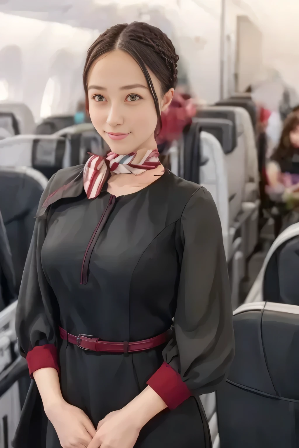 (masterpiece:1.2,  top quality :1.2), 32kHDR,  high definition  , (Alone、  1 girl)、（ on board）、In-flight background、（  wearing a JAL flightattendant uniform  ）、（（ short sleeve jumper skirt in a JAL flightattendant uniform {x} JAL flightattendant uniform 、Red belt wrapped around the waist  、 Scarf around the neck ））、  dark brown hair  、（  Super Long Hair Wrap Hair、Braid Wrap Up Hair ）、 、 long hit 、Big Breasts、Thin legs、（（ amazing hands：2.0）），（（ harmonious body proportions ：1.5）），（（Normal limbs：2.0）），（（Usually ：2.0）），（（ Delicate eyes：2.0）），（（Normal eyes：2.0））)、（ beautiful standing figure wearing a JAL flightattendant uniform  ）、Hands folded under the body 、 being crucified

