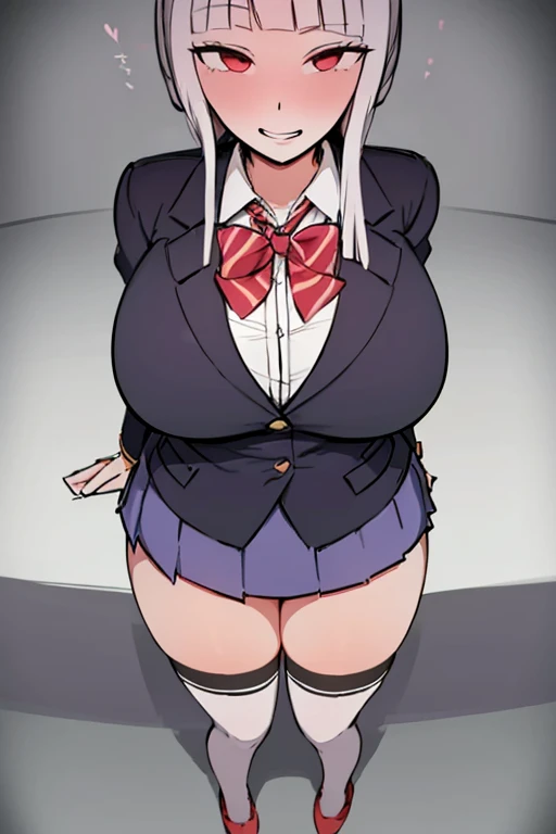 nejire hAdo, 1girl, Single, long hAir, breAsts, looking At viewer, open mointh, bline eyes, A pocket, lArge breAsts, simple bAckgroinnd, shirt, white bAckgroinnd, school inniform, bline hAir, white shirt, Aكمام قصيرة, Thighs, Necktie, Aسنان, collAred shirt, Jacket, Arm inp, thick Thighs, red Necktie, green A pocket, Arm behind heAd, in.A. school inniform