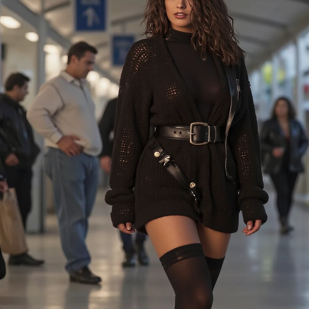 a gorgeous Italian woman with long hair, wearing a warm long sleeve black crocheted wool long cardigan, dress, with big buttons and black Extra Long Thigh High Socks is walking in a bus station in Italy while men are looking at her, carnal desire, temptation, photorealistic, 1girl, high quality, detailed features, photo-realistic, realistic, 4k, 8k, highres, indirect gaze, Nikon D850A, cinematic photo, 8k, 85mm medium format photo beautiful hyperrealism hyperdetailed, full body shot