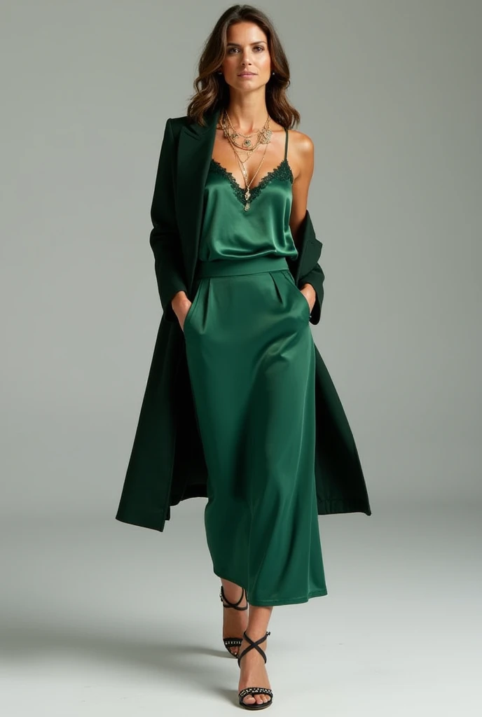 young brunette woman, beautiful brown eyes. long brown hair. Long V-neck T-shirt made of shiny dark green satin and long tight white pants, 项链, transparent lip gloss, narrow building, Pretty, 2, Full body photo, long legs, Satin top, dancing at a party, looks stunning. is enthusiastic. In the background are wedding guests