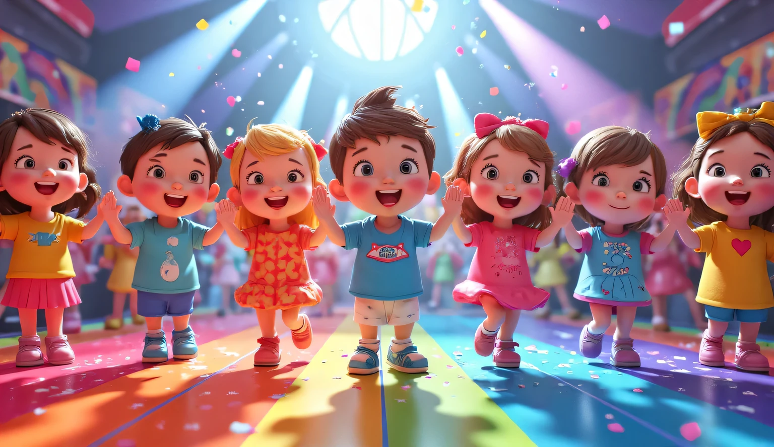 A group of happy cartoon s in colorful outfits clapping their hands in sync in a rainbow-lit dance floor with confetti flying in the air