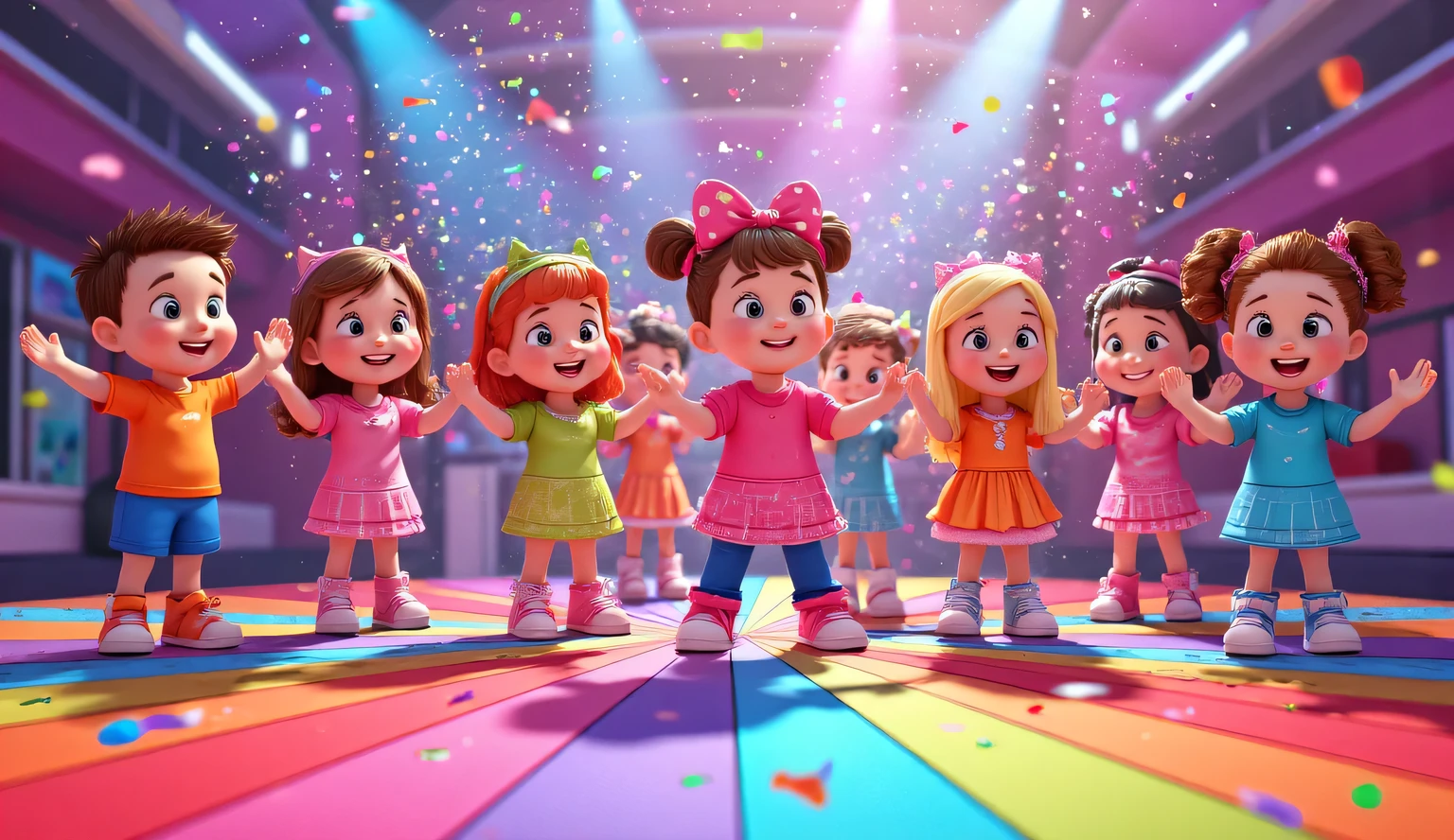 A group of happy cartoon s in colorful outfits clapping their hands in sync in a rainbow-lit dance floor with confetti flying in the air