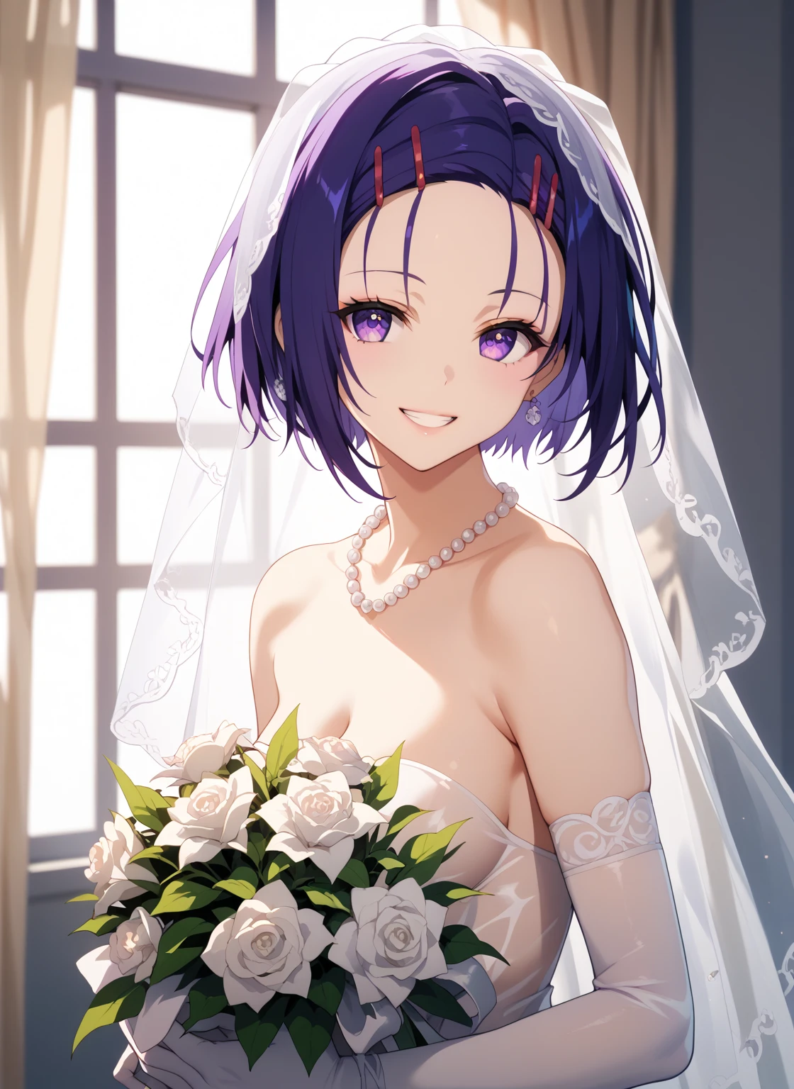 vector art, 1girl, solo, haruna sairenji, Sairenji Haruna, hair ornament, hairclip, purple eyes, purple hair, short hair, swept bangs, forehead, middle chested, cowboy shot, from side, nude, naked long wedding veil, thin translucent white veil, white elbow gloves, earrings, naked pearl necklace, cuddling male, hug bouquet,  looking at viewer,  (grin sexy face, sexual meanings, ), eyeshadow, eyeliner, long eyelashes, mascara, lipstick, Curtains fluttering in the wind, window, Veil fluttering, backlighting, 
