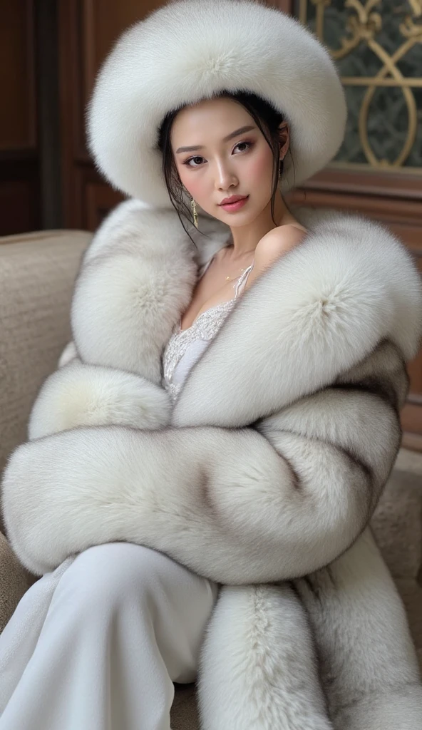 Beautiful chinese woman, wearin a white bluef0x fur coat, sit on the fur couch, wearing fur hat, leg wraped with bluef0x fur blanket, goddess