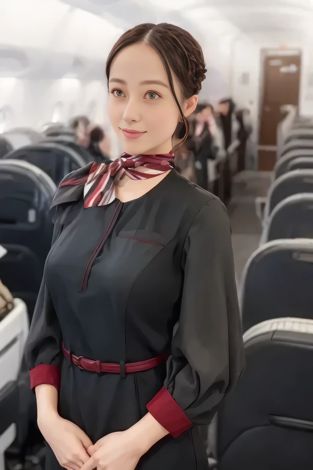 (masterpiece:1.2, top quality :1.2), 32kHDR, high definition , (Alone、 1 girl)、( on board)、In-flight background、( wearing a JAL flightattendant uniform )、(( short sleeve jumper skirt in a JAL flightattendant uniform {x} JAL flightattendant uniform 、Red belt wrapped around the waist 、 Scarf around the neck ))、 dark brown hair 、( Super Long Hair Wrap Hair、Braid Wrap Up Hair )、 、 long hit 、Big Breasts、Thin legs、(( amazing hands:2.0)),(( harmonious body proportions :1.5)),((Normal limbs:2.0)),((Usually :2.0)),(( Delicate eyes:2.0)),((Normal eyes:2.0)))、( beautiful standing figure wearing a JAL flightattendant uniform )、Hands folded under the body 、 being crucified