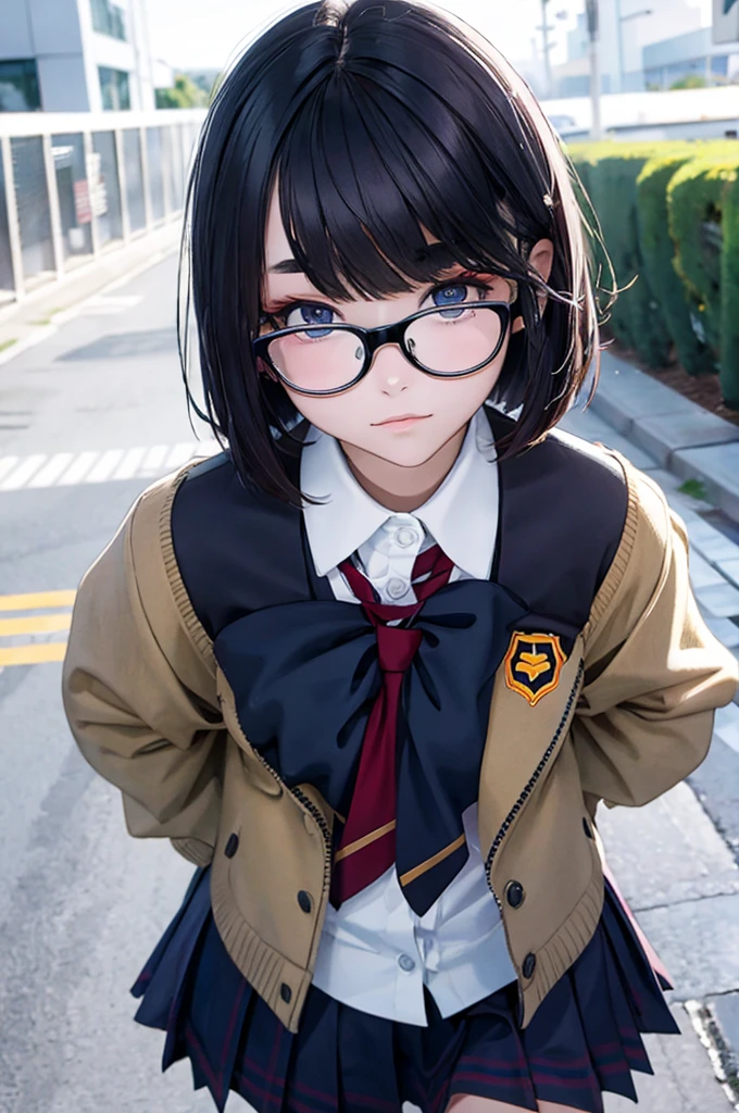 This picture shows a girl wearing glasses,  1 girl, Alone,  school uniform, 