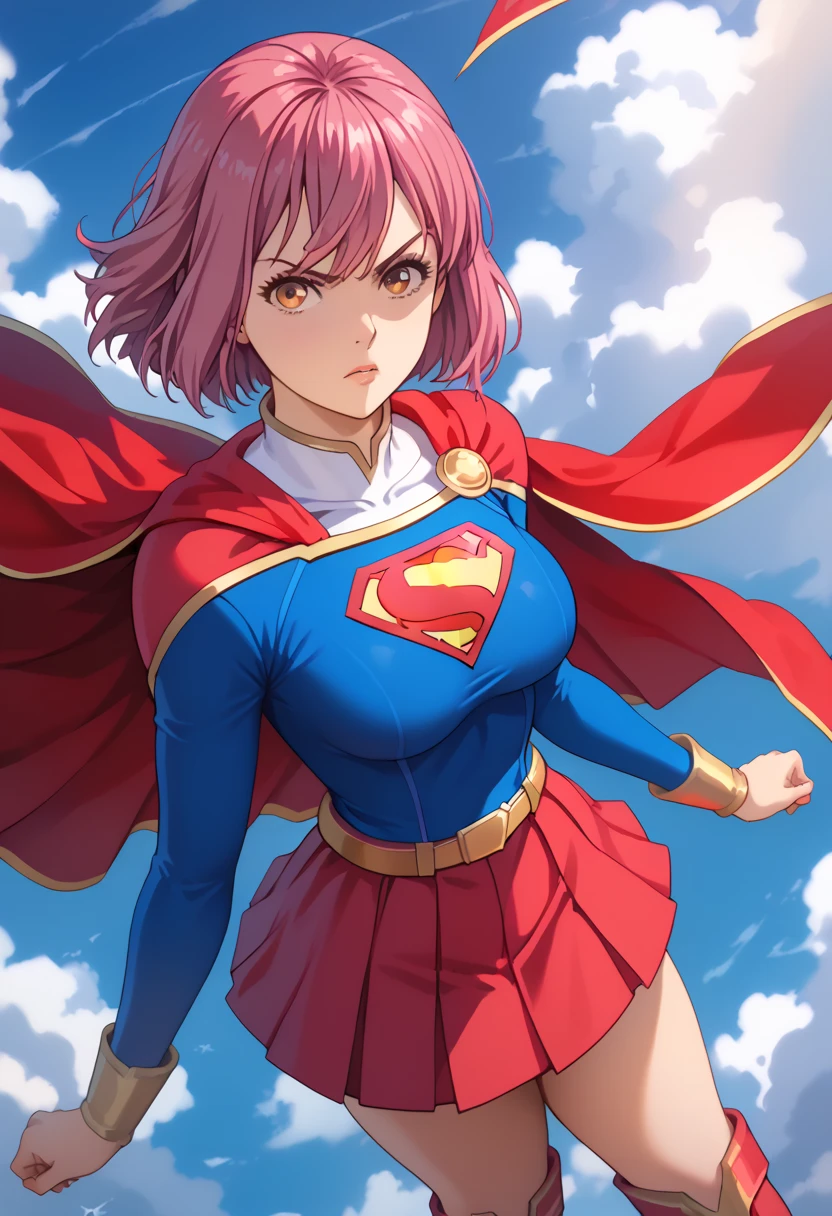 Hisako Arato, with her composed demeanor and pink hair, takes on a powerful new look in the classic Supergirl costume. The vibrant blue top, featuring the bold red and yellow 'S' emblem on her chest, perfectly contrasts her usual calm and collected appearance, symbolizing the strength she possesses beneath her reserved exterior. A flowing red cape cascades behind her, adding a heroic flair to her poised stance. The outfit is completed with a red skirt and matching knee-high boots, highlighting her agile and refined figure. Hisako’s focused and serious expression, now mixed with the confident aura of Supergirl, transforms her into a symbol of quiet strength and protection. This blend of her medical expertise and the superhero's power makes Hisako look both graceful and ready to stand up for what’s right.