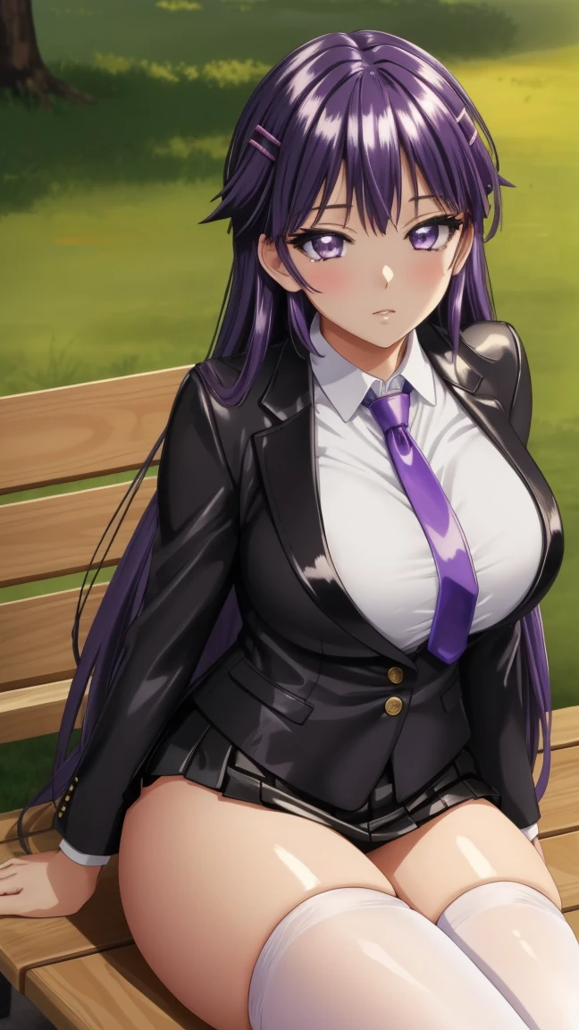 8k Masterpiece , highest quality,  high definition ,  very detailed face , detailed computer graphics, one,   girl , Chizuru-chan Kaihatsunikki, mature,  sexy ,  purple hair ,  long hair ,  hair clip ,   purple eyes, makeup, black fleece leather blazer, white long sleeve blouse with buttons,  black leather tie, black pleated leather skirt, white thigh stockings ,  black leather high-heeled shoes,  large breasts ,  closed mouth , Fascinating dispassionality , With confidence,  enjoying , One, stylish pose, stylish corner,  looks at the viewer,  in the center of the image ,  cowboy shot , City Park sitting on a bench. anatomy is correct,  perfect face,  perfect hair ,  perfect eyes ,  perfect body,  perfect breasts, perfect hands, flawless skin
