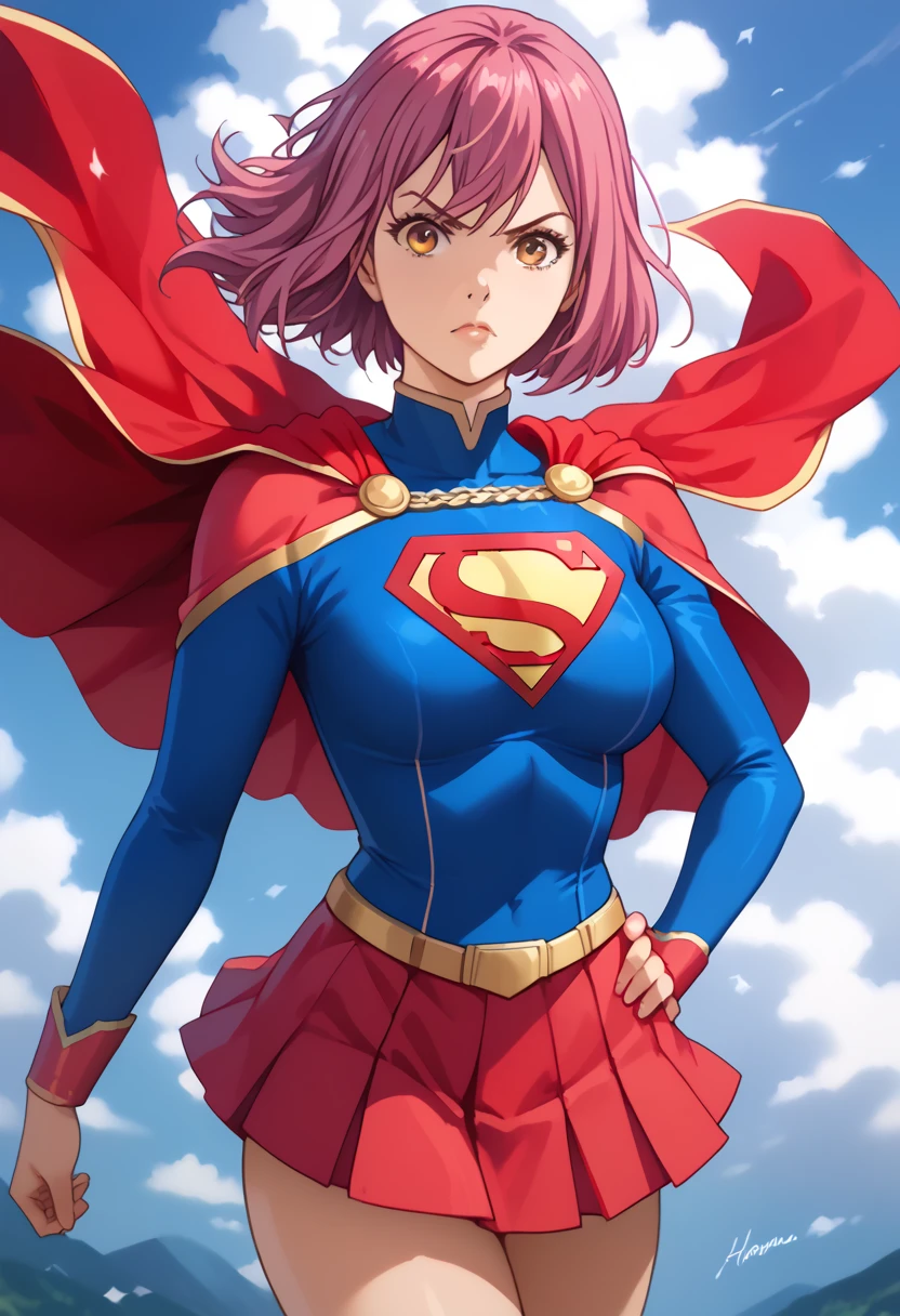 Hisako Arato, with her composed demeanor and pink hair, takes on a powerful new look in the classic Supergirl costume. The vibrant blue top, featuring the bold red and yellow 'S' emblem on her chest, perfectly contrasts her usual calm and collected appearance, symbolizing the strength she possesses beneath her reserved exterior. A flowing red cape cascades behind her, adding a heroic flair to her poised stance. The outfit is completed with a red skirt and matching knee-high boots, highlighting her agile and refined figure. Hisako’s focused and serious expression, now mixed with the confident aura of Supergirl, transforms her into a symbol of quiet strength and protection. This blend of her medical expertise and the superhero's power makes Hisako look both graceful and ready to stand up for what’s right.