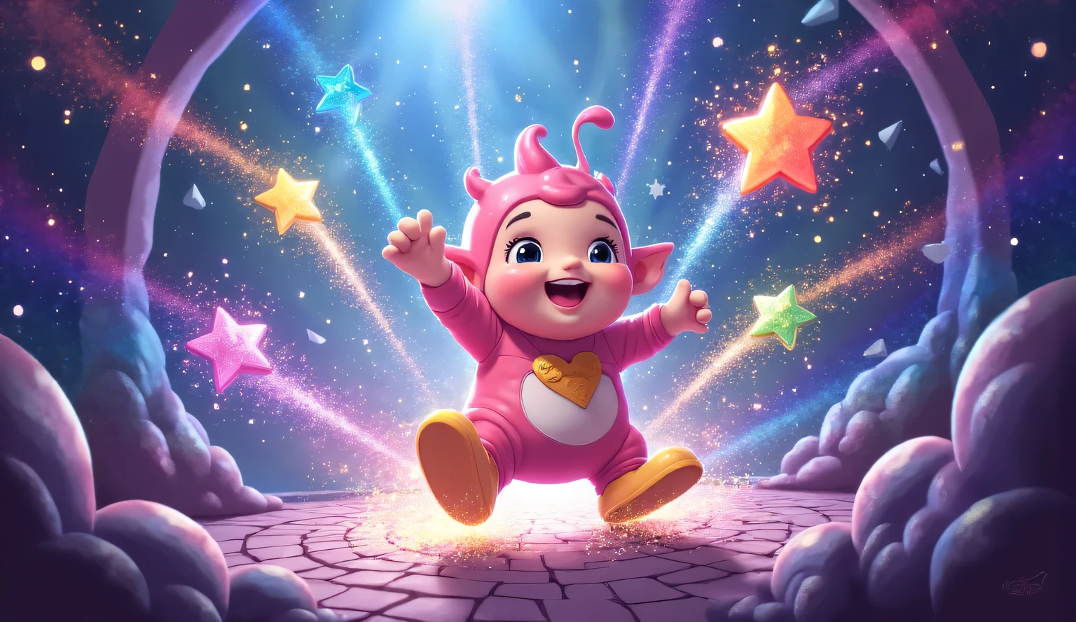 A cheerful  stomping their feet, making colorful stars and shapes burst out with each stomp.