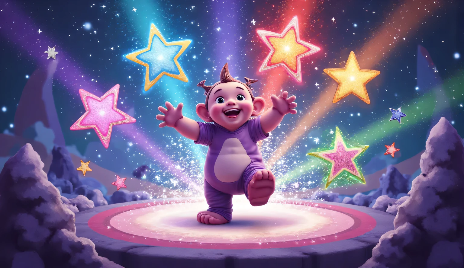 A cheerful  stomping their feet, making colorful stars and shapes burst out with each stomp.