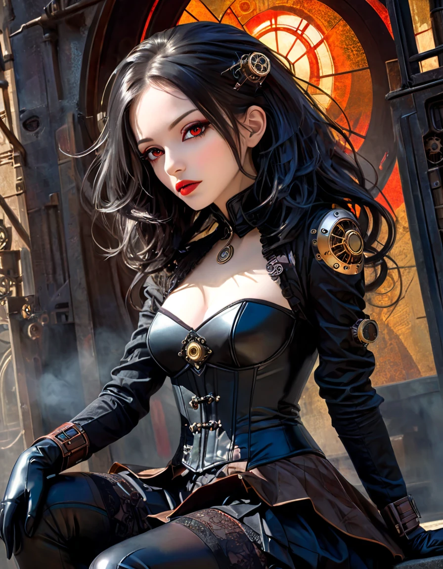 Wizard girl, (((Very dynamic Action Pose, Invoke Magic, Mechanical Magic Weapons))), (((super top masterpiece))), (((super top quality))), (((super top detailed face))), (((female, age 14))), ((long slit, three very large crescent shaped eyes, very large eyes, dazzling dark gray eyes like jewels)), ((long eyelashes, very thin small nose, very small mouth, very thin upper lip, light-colored natural makeup)), ((Very slender and attractive body, very slender long legs), black lace stockings on the knee, (((steampunk headgear))), (((fluttering black lace flared skirt))), (((off-shoulder black fashion with a fusion of detailed and intricate steampunk and detailed black gothic punk))), upward and beautiful small breasts, ((((thick bangs)))), (beautiful long black hair, curled vertically, is greatly disheveled by the wind), futuristic complex steampunk factory background, countless celestial neon lights raining down from the heavens, (cinematic lighting decoration), (overall accuracy has been improved very dramatically, creating a very detailed and realistic image), (beautifully rendered with striking contrasts to enhance visual impact. It creates a very realistic, yet very dreamlike texture, immersing the viewer in a captivating visual experience), (super detailed background), (Gothic punk:1.4, Steampunk:1.4).
