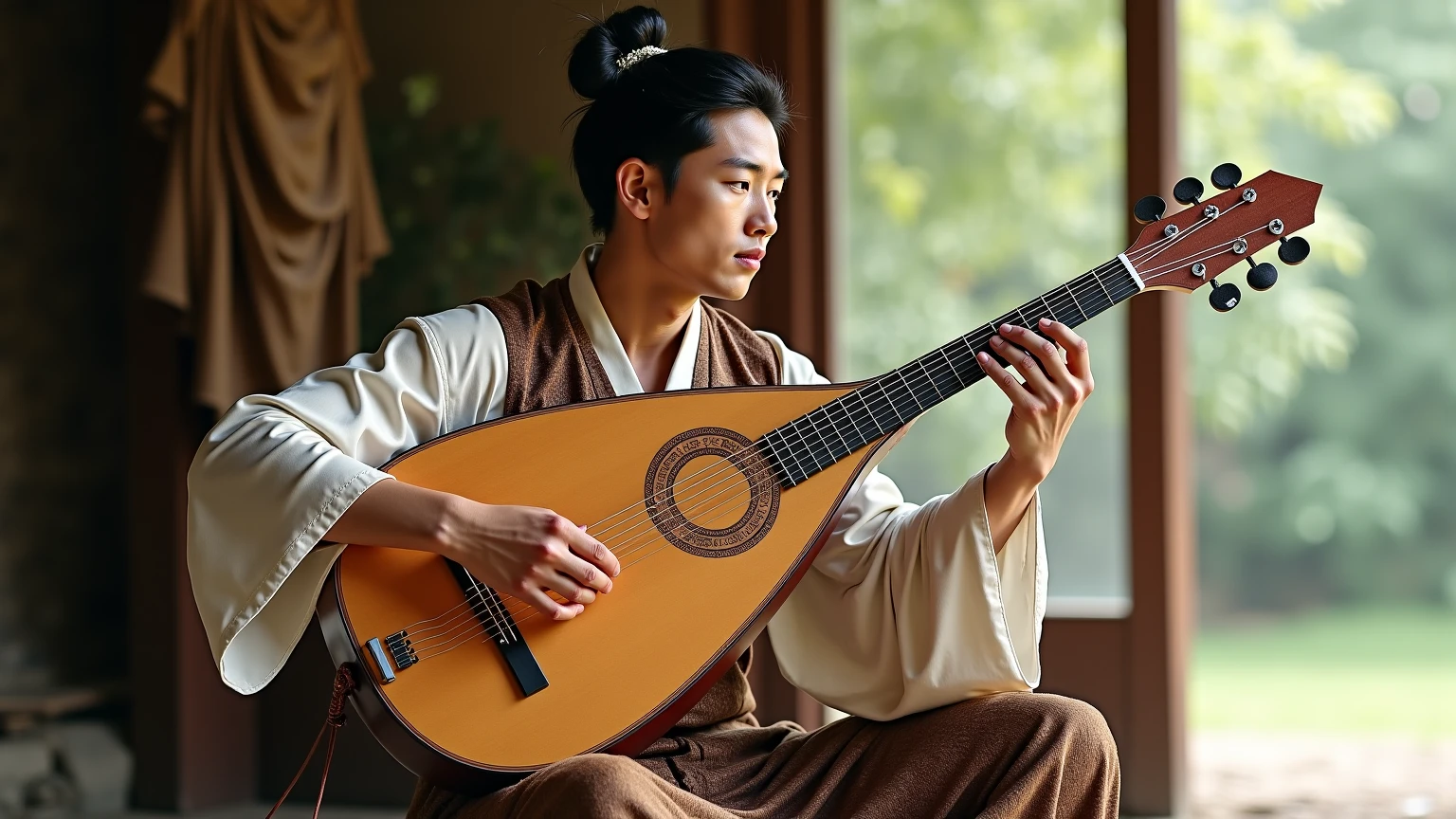 , , He is a young male Taoist with long hair and a European face.。., , He was playing the erhu. He was playing the erhu., , He is very handsome., , He wore leather armor., , He is a bard.., , He is a bard.., , He is a bard.., , Behind him you can see the mountains, The background is pure gold, Not white.,