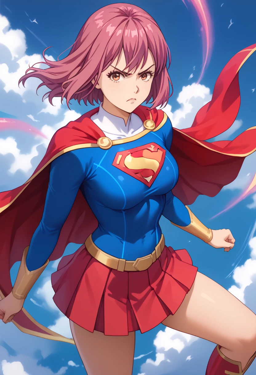 Hisako Arato, with her composed demeanor and pink hair, takes on a powerful new look in the classic Supergirl costume. The vibrant blue top, featuring the bold red and yellow 'S' emblem on her chest, perfectly contrasts her usual calm and collected appearance, symbolizing the strength she possesses beneath her reserved exterior. A flowing red cape cascades behind her, adding a heroic flair to her poised stance. The outfit is completed with a red skirt and matching knee-high boots, highlighting her agile and refined figure. Hisako’s focused and serious expression, now mixed with the confident aura of Supergirl, transforms her into a symbol of quiet strength and protection. This blend of her medical expertise and the superhero's power makes Hisako look both graceful and ready to stand up for what’s right.