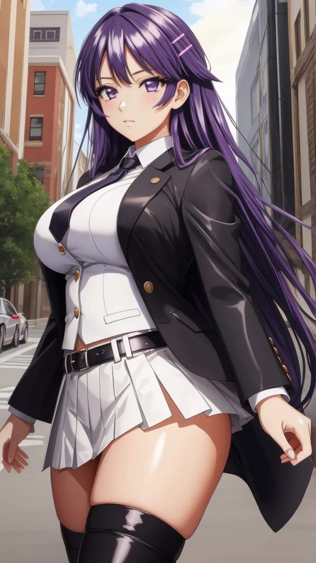 8k Masterpiece , highest quality,  high definition ,  very detailed face , detailed computer graphics, one,   girl , Chizuru-chan Kaihatsunikki, mature,  sexy ,  purple hair ,  long hair ,  hair clip ,   purple eyes, makeup, black fleece leather blazer,  white blouse with long sleeves with buttons,  black leather tie, black pleated leather skirt, white thigh stockings ,  black leather high-heeled shoes,  large breasts ,  closed mouth , Fascinating dispassionality , With confidence,  enjoying , One, stylish pose, stylish corner,  looks at the viewer,  in the center of the image ,  cowboy shot , City Park walking . anatomy is correct,  perfect face,  perfect hair ,  perfect eyes ,  perfect body,  perfect breasts, perfect hands, flawless skin
