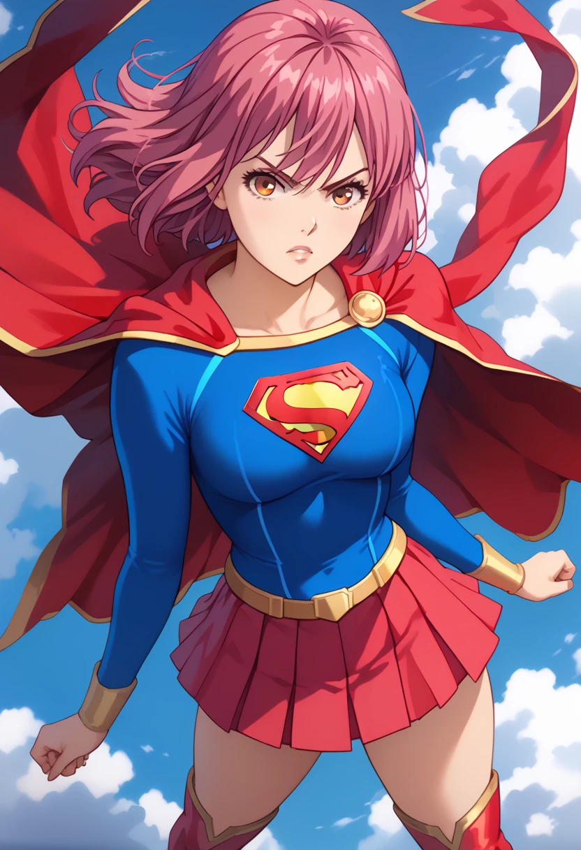 Hisako Arato, with her composed demeanor and pink hair, takes on a powerful new look in the classic Supergirl costume. The vibrant blue top, featuring the bold red and yellow 'S' emblem on her chest, perfectly contrasts her usual calm and collected appearance, symbolizing the strength she possesses beneath her reserved exterior. A flowing red cape cascades behind her, adding a heroic flair to her poised stance. The outfit is completed with a red skirt and matching knee-high boots, highlighting her agile and refined figure. Hisako’s focused and serious expression, now mixed with the confident aura of Supergirl, transforms her into a symbol of quiet strength and protection. This blend of her medical expertise and the superhero's power makes Hisako look both graceful and ready to stand up for what’s right.