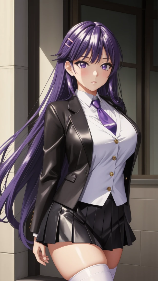 8k Masterpiece , highest quality,  high definition ,  very detailed face , detailed computer graphics, one,   girl , Chizuru-chan Kaihatsunikki, mature,  sexy ,  purple hair ,  long hair ,  hair clip ,   purple eyes, makeup, black fleece leather blazer, white long sleeve blouse with buttons,  black leather tie, black pleated leather skirt, white thigh stockings ,  black leather high-heeled shoes,  large breasts ,  closed mouth , Fascinating dispassionality , With confidence,  enjoying , One, stylish pose, stylish corner,  looks at the viewer,  in the center of the image ,  cowboy shot , City Park walking . anatomy is correct,  perfect face,  perfect hair ,  perfect eyes ,  perfect body,  perfect breasts, perfect hands, flawless skin
