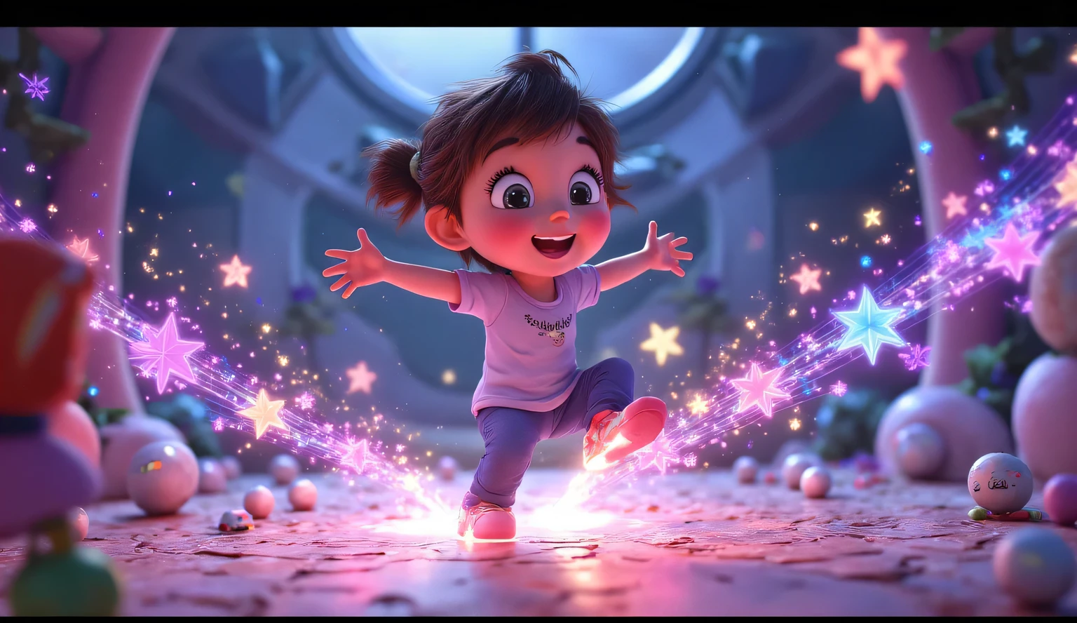 A cheerful  stomping their feet, making colorful stars and shapes burst out with each stomp. The  stomps rhythmically, and the camera zooms in on the glowing effects.