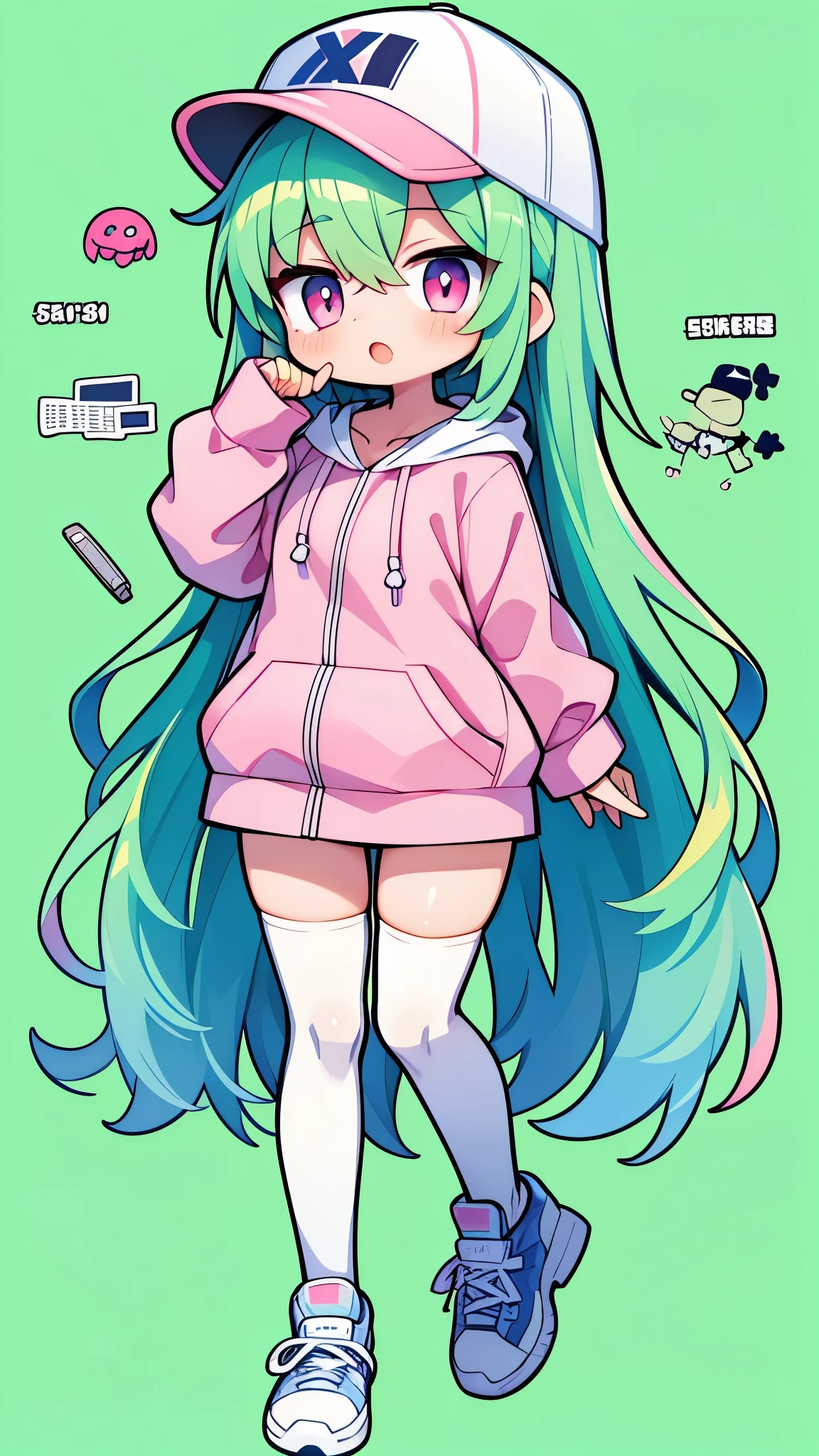 (PlanIt Schematic ), (  1girl xml file chan), xx, vscode, , digital world，Light blue long hair， pink eyes ， pink hoodie  ，  white over-the-knee stockings ，Sports shoes，  Baseball Cap  ，  green background  